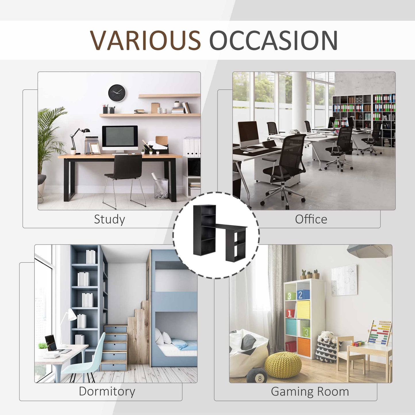 Modern Compact Computer Desk: 6-Tier Storage Shelves, Writing Table Workstation, Bookshelf, Home Office, Black Kids Crystal