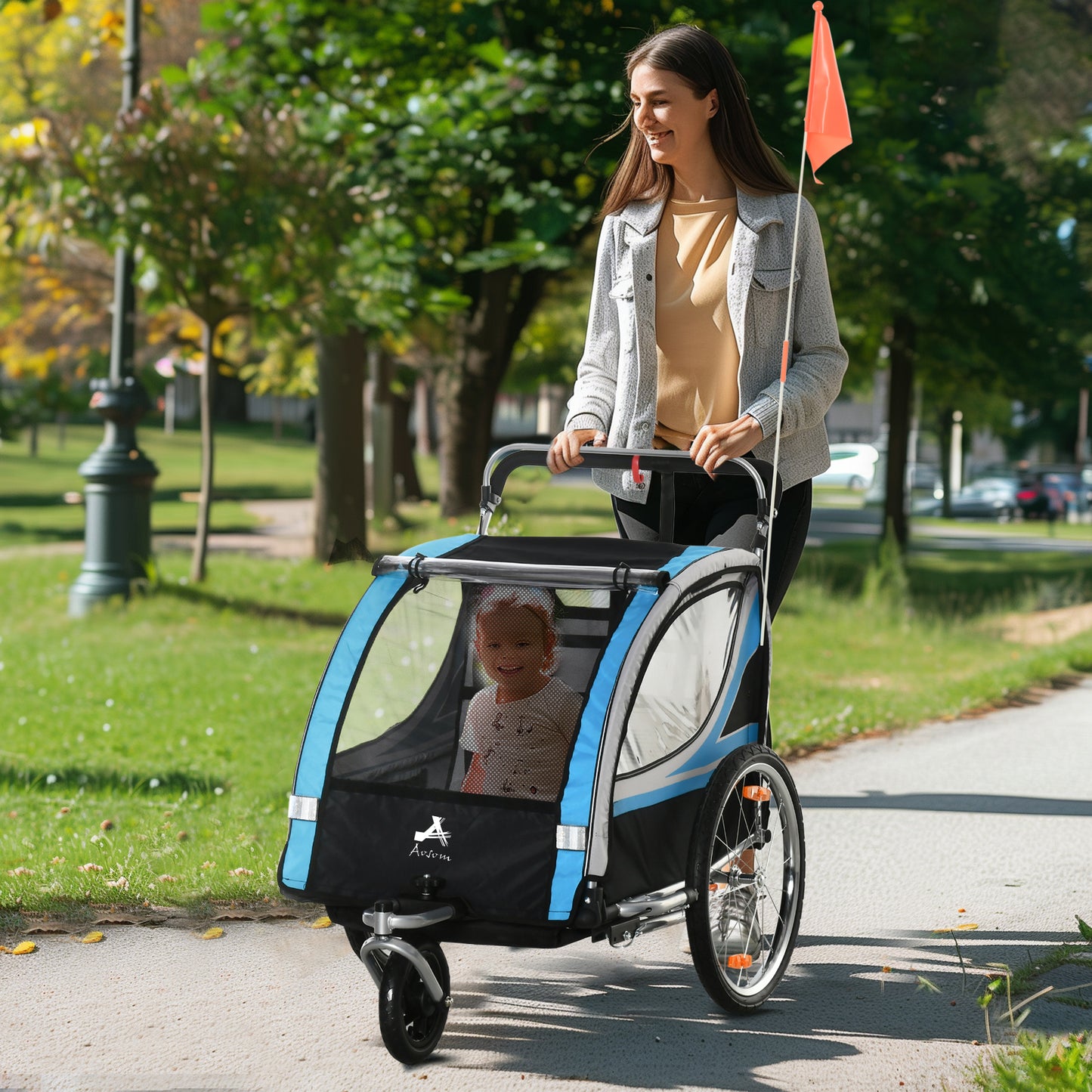 Versatile 2-in-1 Child Bike Trailer & Stroller with Hand Brake, Storage, Safety Flag, Blue Kids Crystal