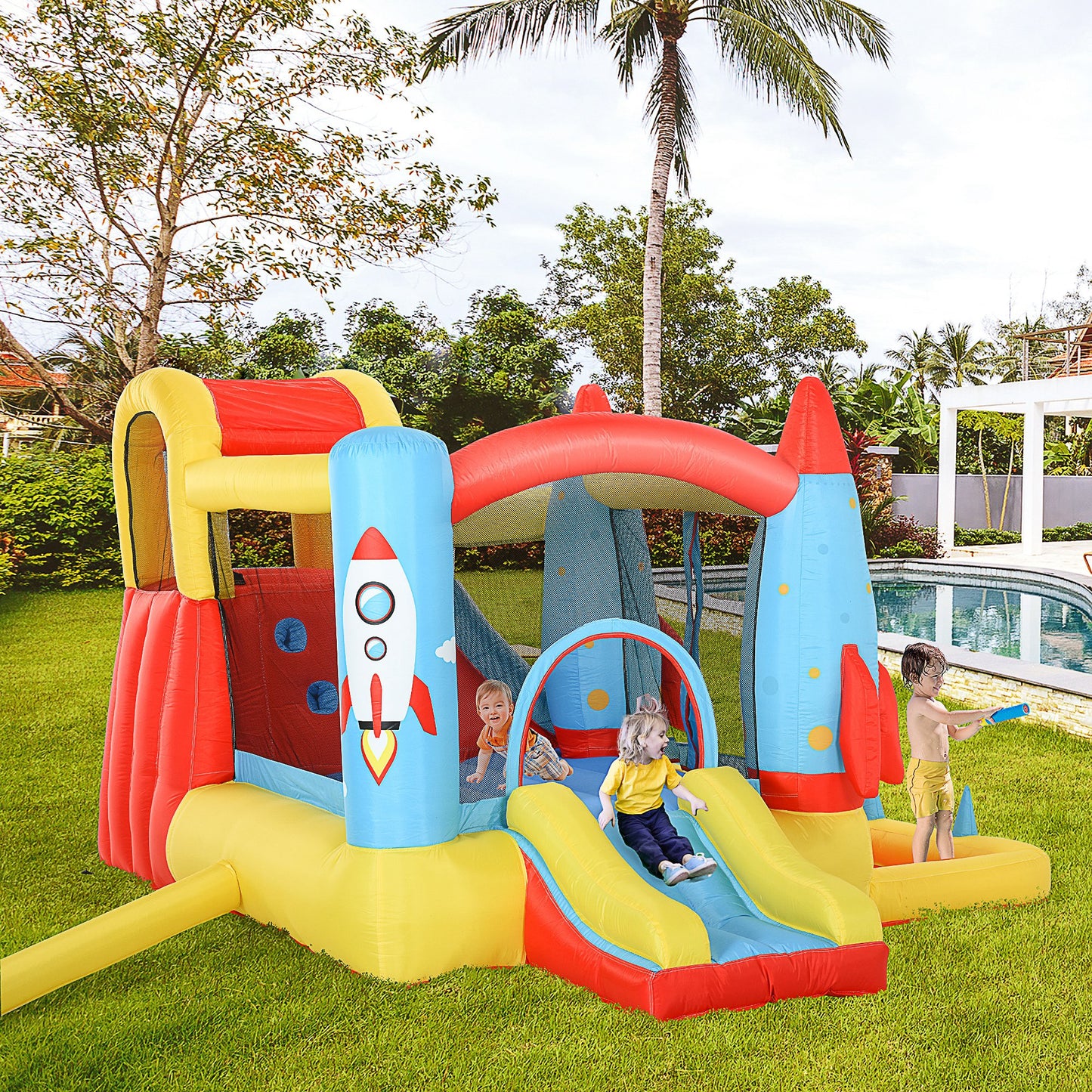 Inflatable Kids Bouncy House, 4-in-1 Trampoline Bounce Castle with Slide & Water Pool, Includes Inflator, Ages 3-10 Kids Crystal