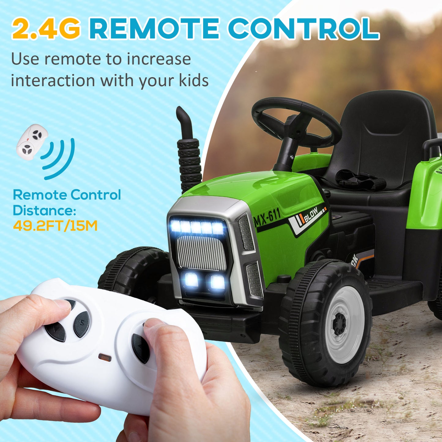 12V Electric Tractor for Kids - Ride-On with Trailer, Battery Powered, Remote Control, Music, Start-Up Sound & Horn, Green Kids Crystal