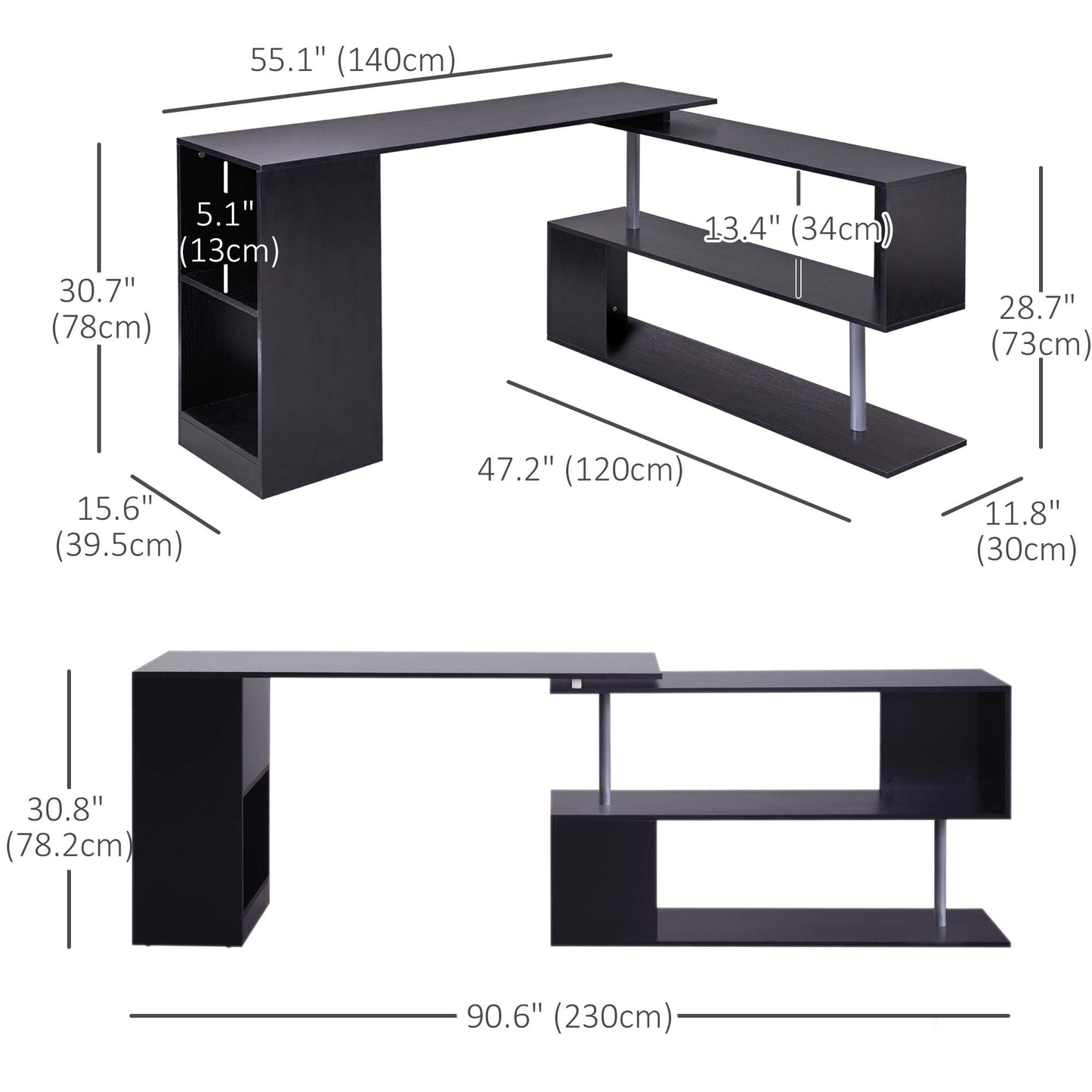 55&" Black Corner Computer Desk - 360° Rotating L-Shaped Workstation with 3-Tier Shelves & Bookshelf Kids Crystal