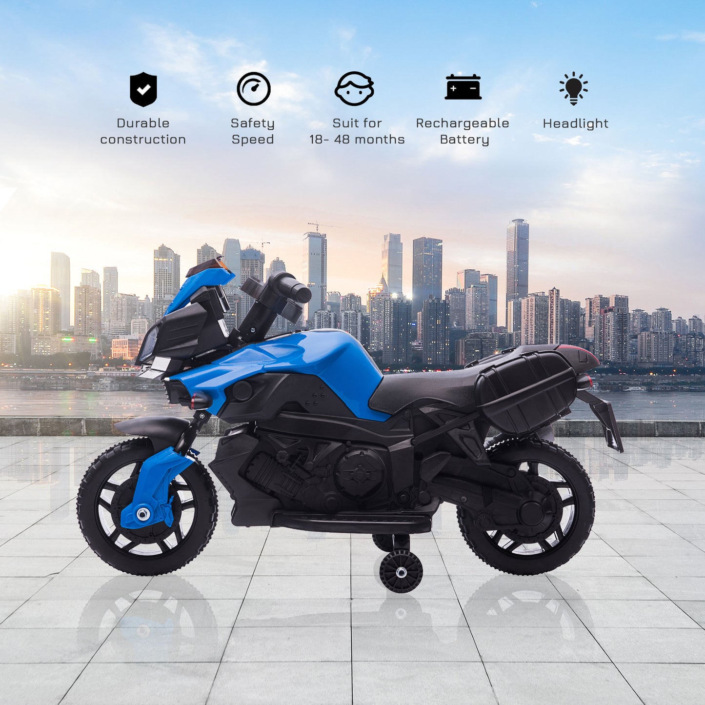 Kids Ride On Motorcycle, 6V Electric Battery Powered Dirt Bike w/ Training Wheels, Gift for Children Boys Girls Blue Kids Crystal
