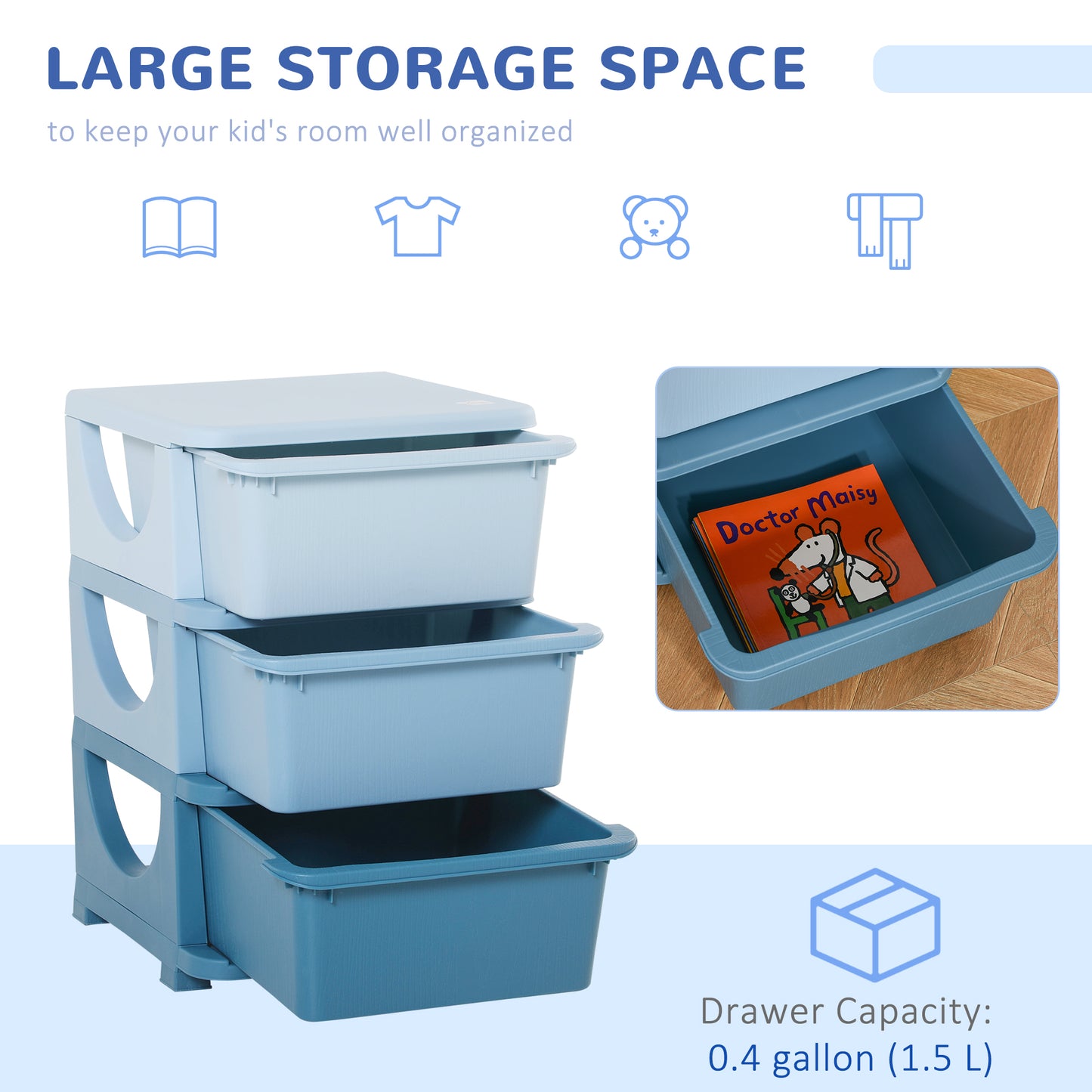 3 Tier Kids Toy Organizer and Storage Bins with 3 Plastic Drawers, Blue