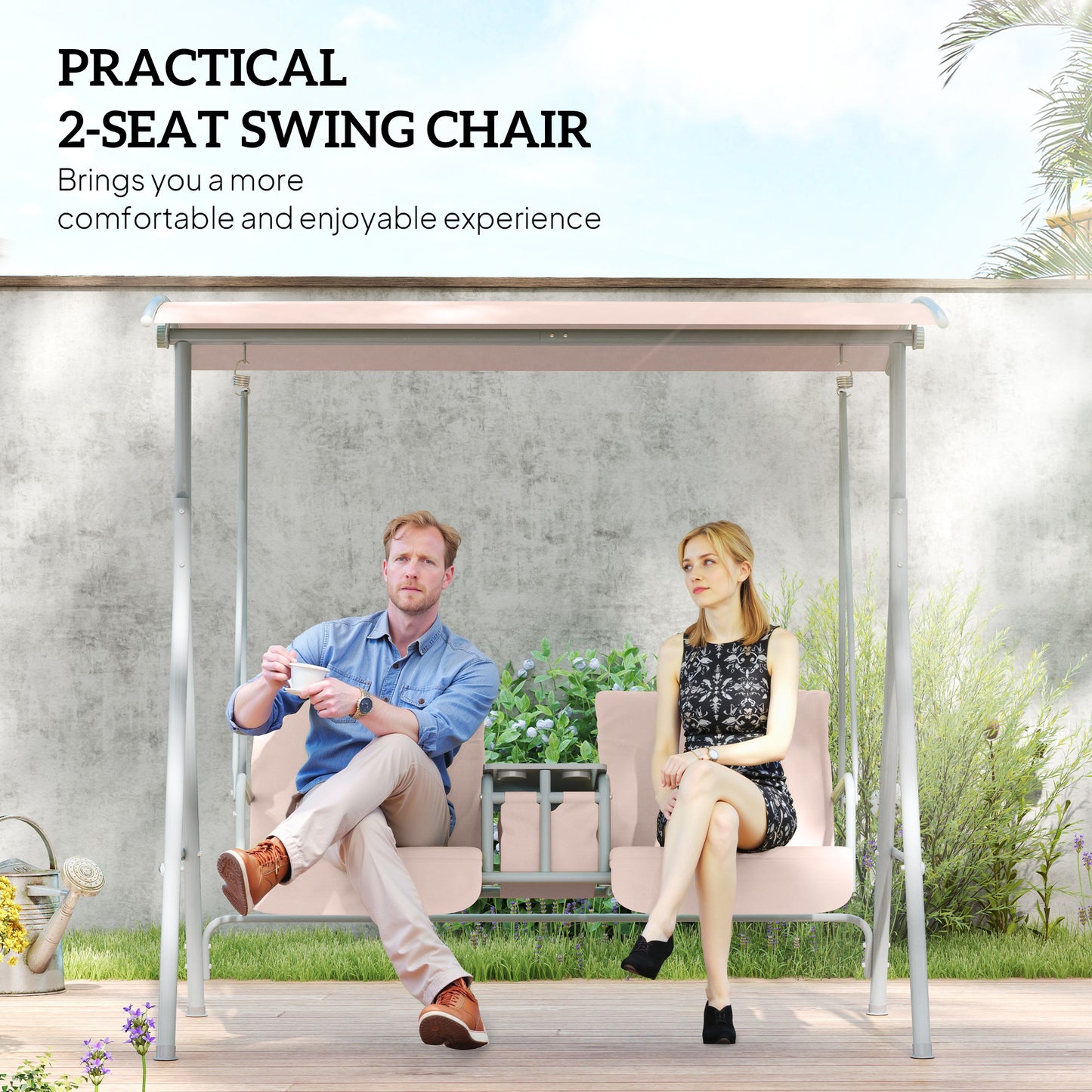 Double Outdoor Swing Chair 2 Person Covered Swing Porch Swing w/ Pivot Table and Storage Console, Beige