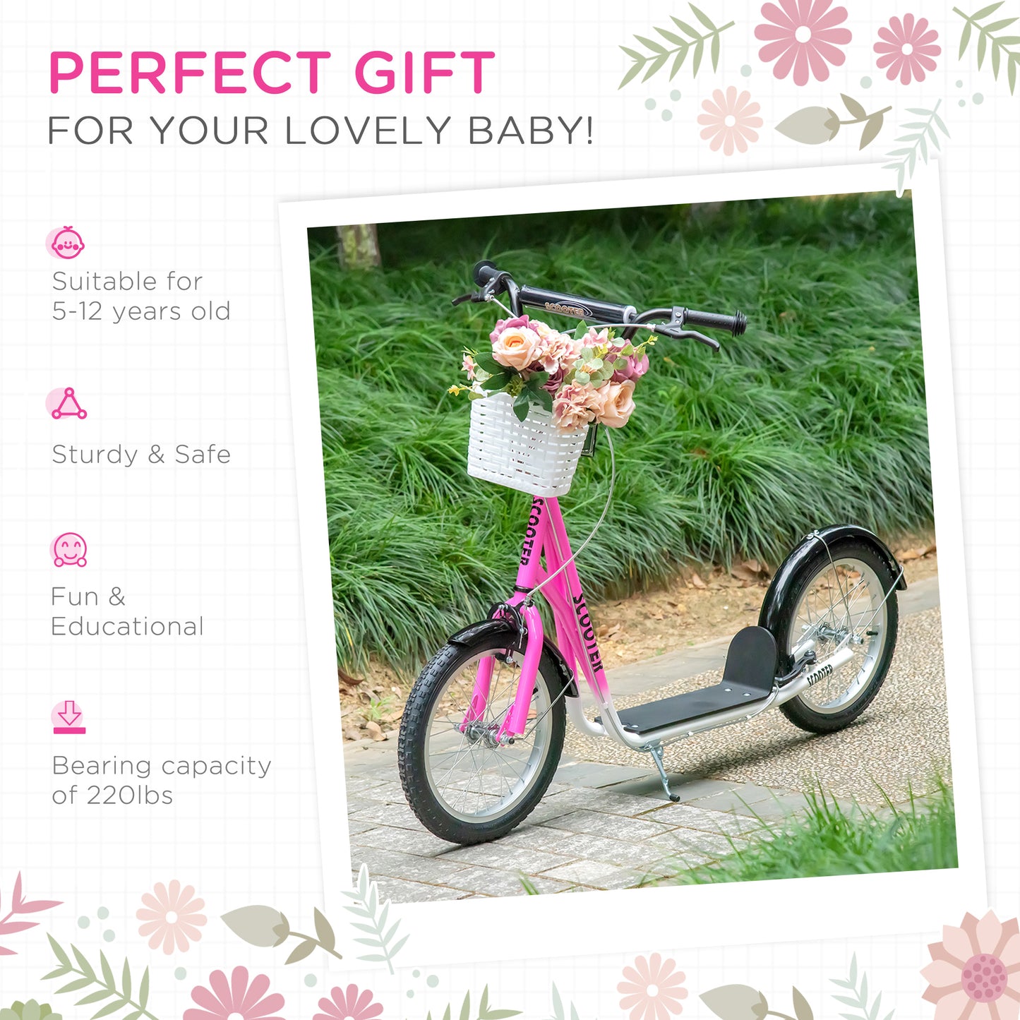 Kick Scooter for Kids Teens with Adjustable Handlebar Dual Brakes 16" Inflatable Rubber Tyres Outdoor Fun Pink Kids Crystal