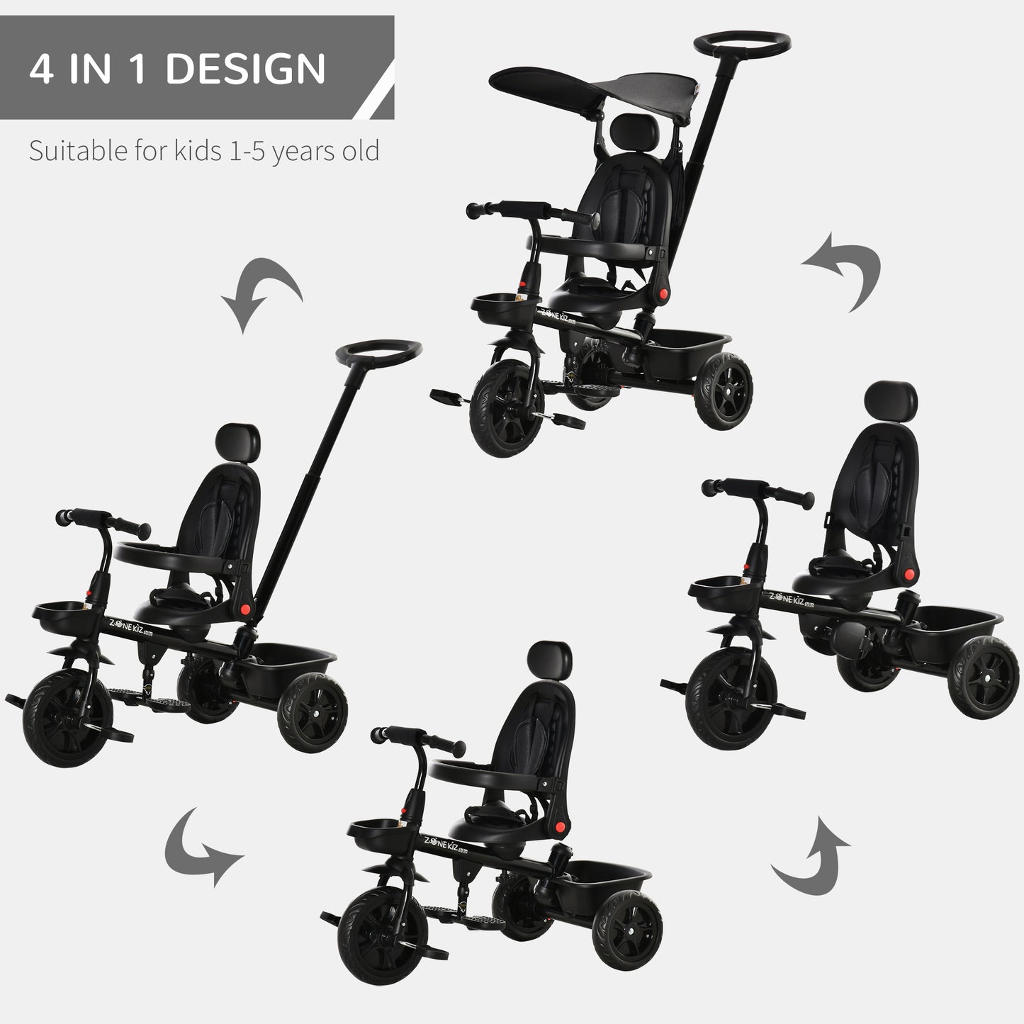 4-in-1 Baby Tricycle Stroller with Reversible Seat, Adjustable Handle, Canopy, Safety Belt, Storage - Black