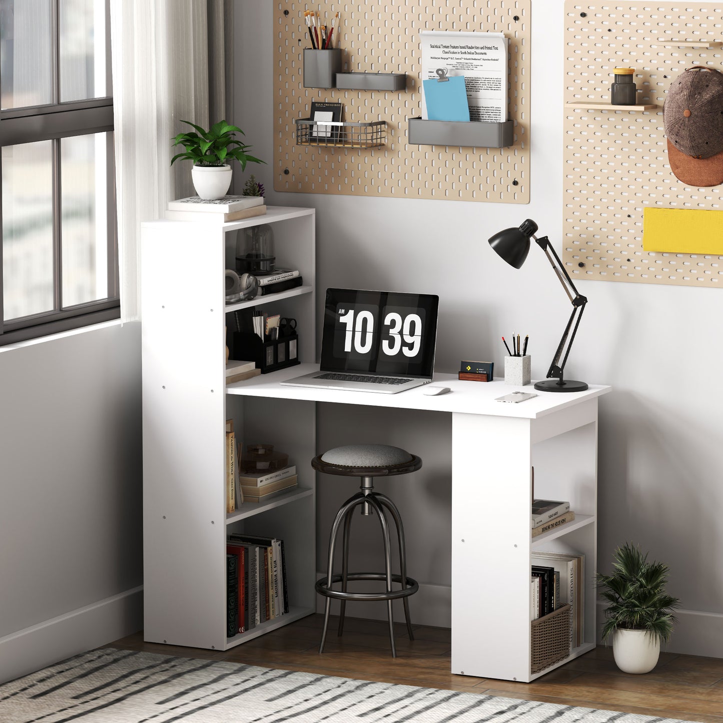 6-Tier Compact Desk: Writing Table, Workstation & Bookshelf for Home Office Study in White Kids Crystal