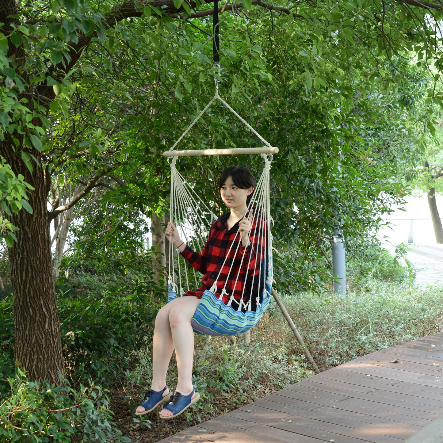 Portable Rope Hammock Chair Woven Hanging Swing Seat Outdoor Garden Yard Camping Blue Kids Crystal