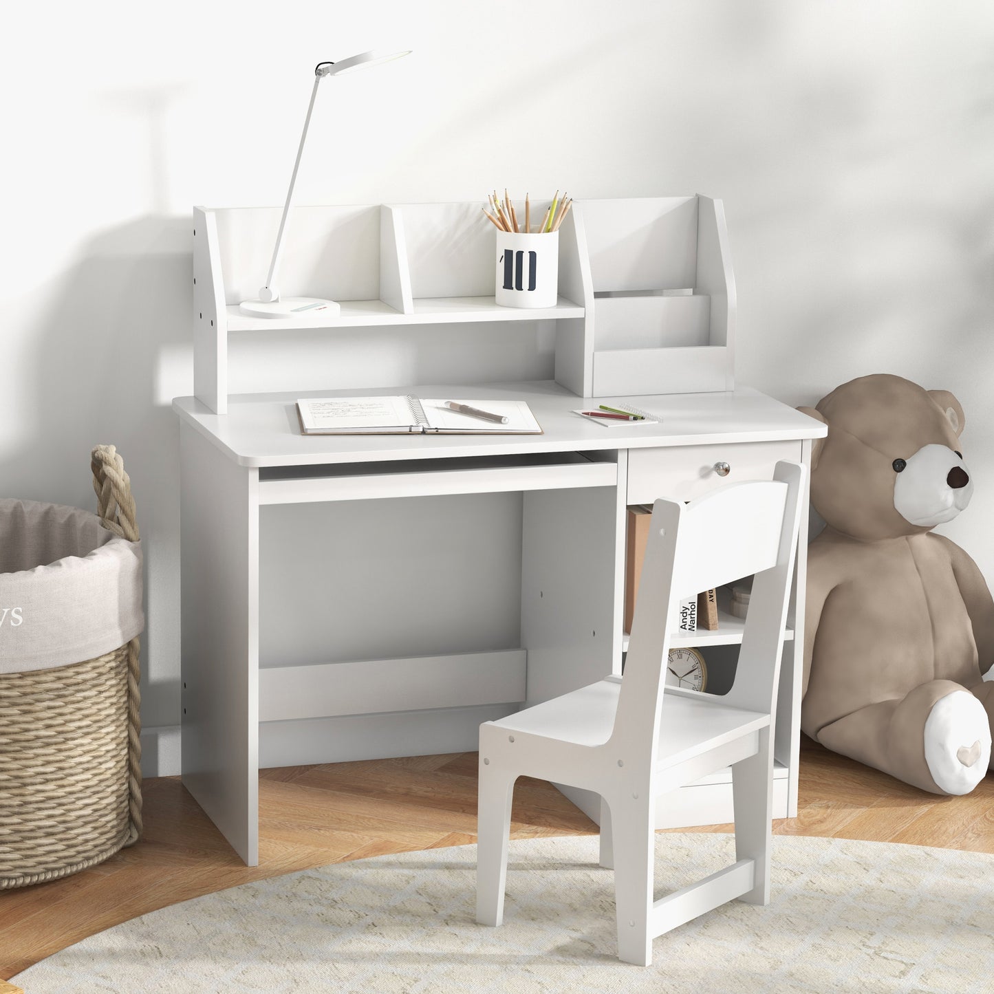 Kids Desk and Chair Set for 5-8 Year Old with Storage Study Table and Chair for Children White Kids Crystal