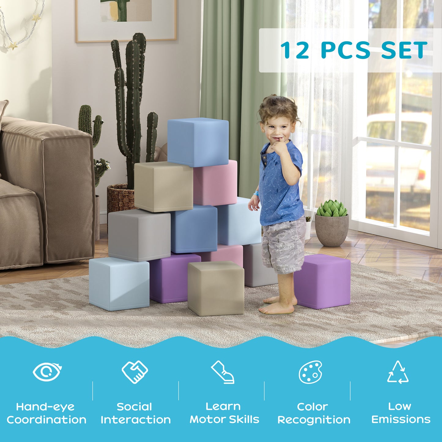 12 Piece Soft Play Blocks Soft Foam Toy Building And Stacking Blocks - Multicolours