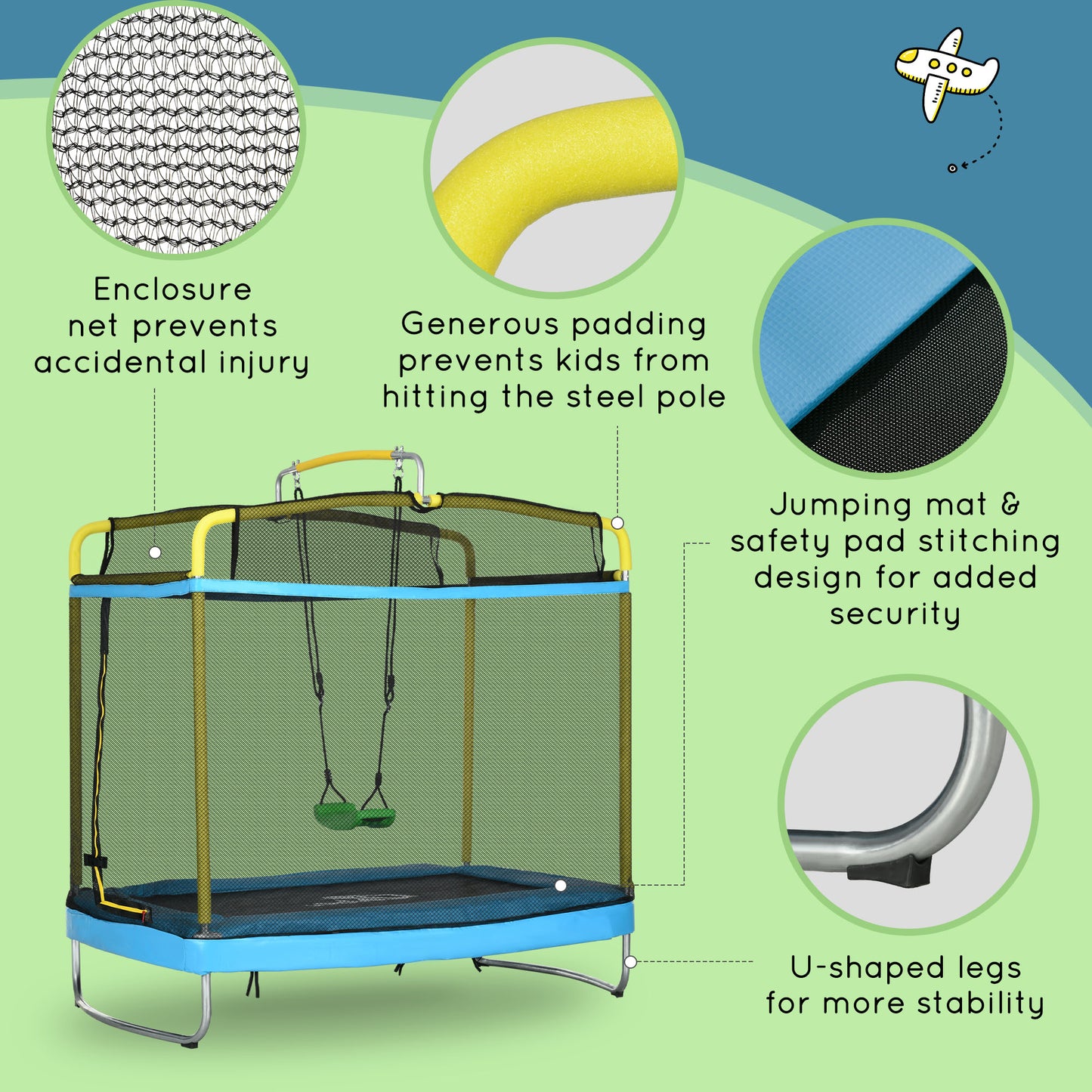 6.9FT Kids Trampoline with Safety Net, Gymnastics Bar, Swing, Toddler Trampoline for 3+ Years Old Indoor/Outdoor Kids Crystal