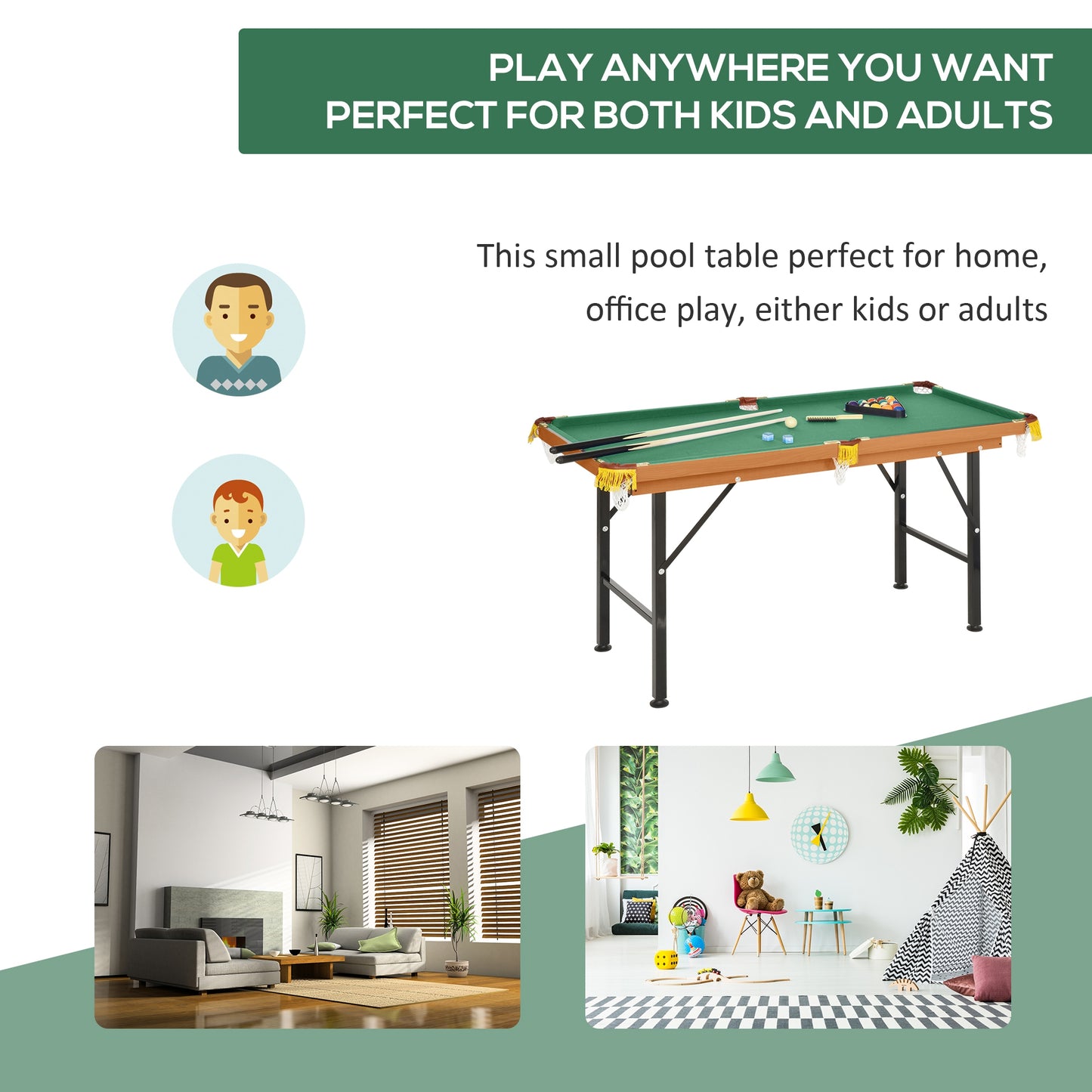 Compact 54.3"L Portable Billiard Table Foldable Design with Accessories for Home Pool Games Includes Cues Ball Kids Crystal