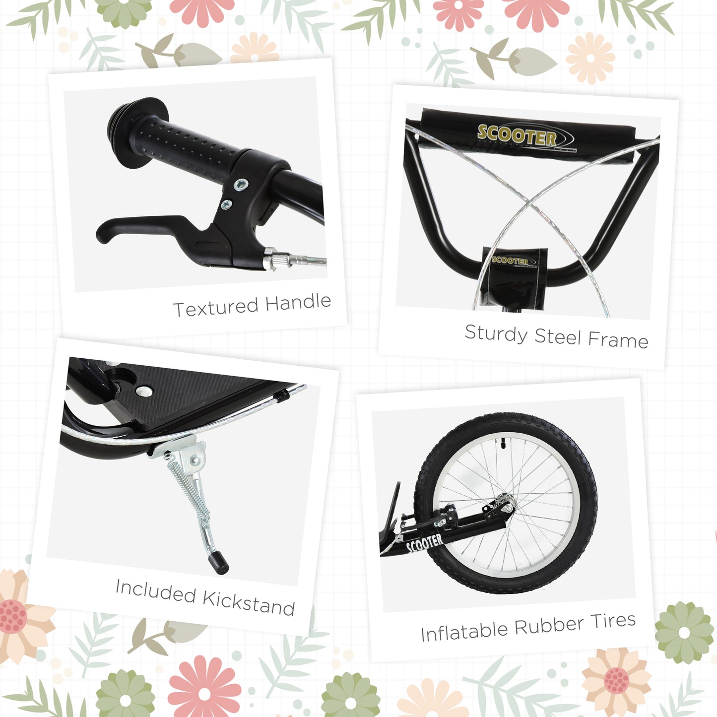 Canada Youth Street Kick Scooter for Teens Kids 5+ Years Old with 16" Inflatable Wheel Dual Brakes Black Kids Crystal