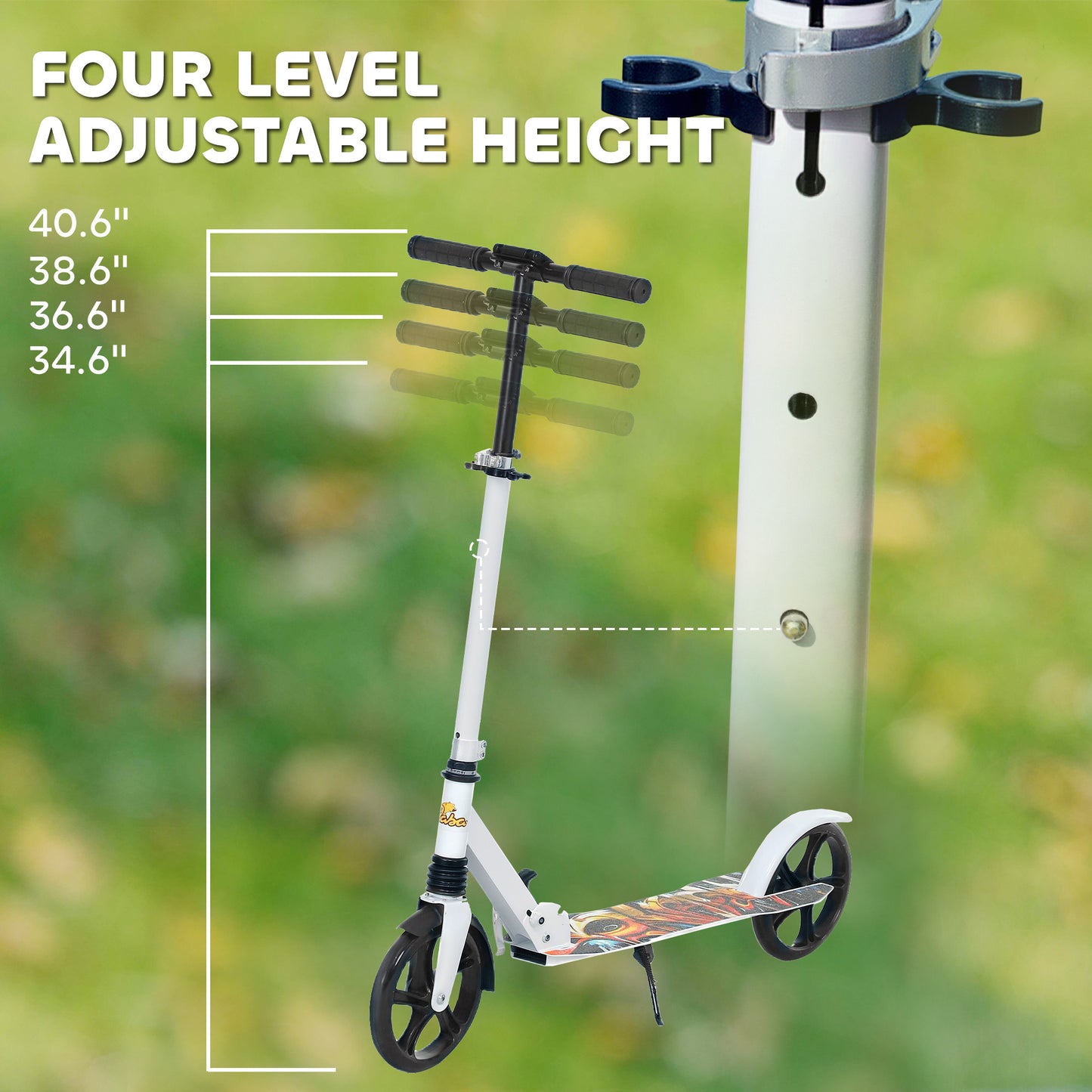 Kick Scooter for Kids Ages 6-12 with Adjustable Height, Rear-Fender Brake, 200mm Big Wheel, Foldable Design, White Kids Crystal