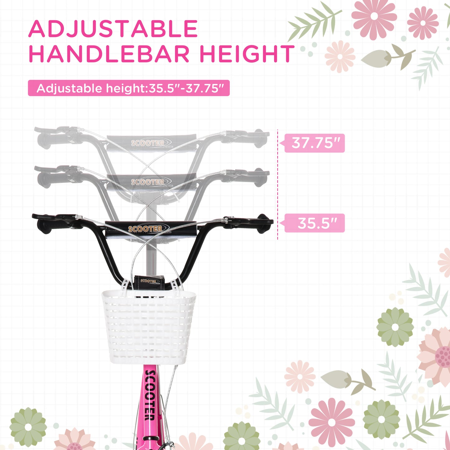 Kick Scooter for Kids Teens with Adjustable Handlebar Dual Brakes 16" Inflatable Rubber Tyres Outdoor Fun Pink Kids Crystal
