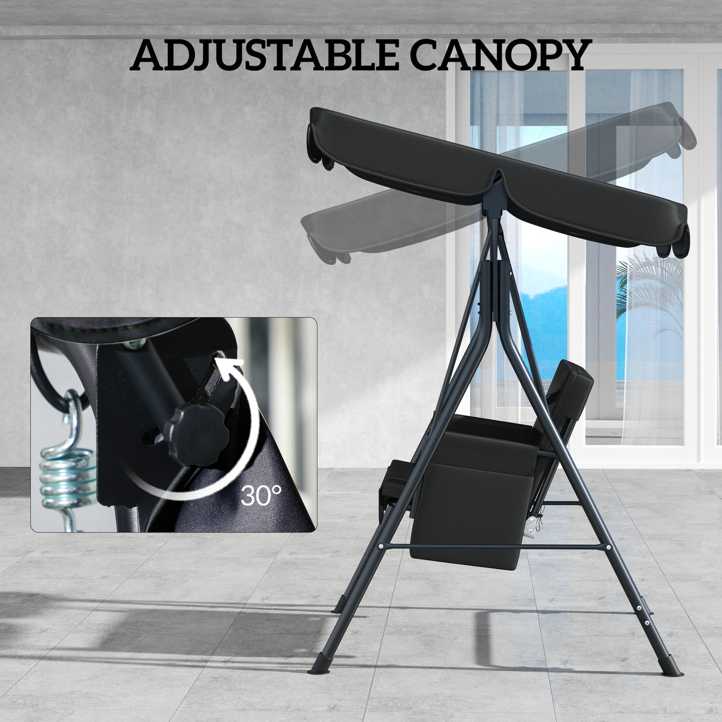 1-Seat Outdoor Porch Swing Patio Swing with Adjustable Canopy, Removable Seat and Back Cushion for Garden, Poolside