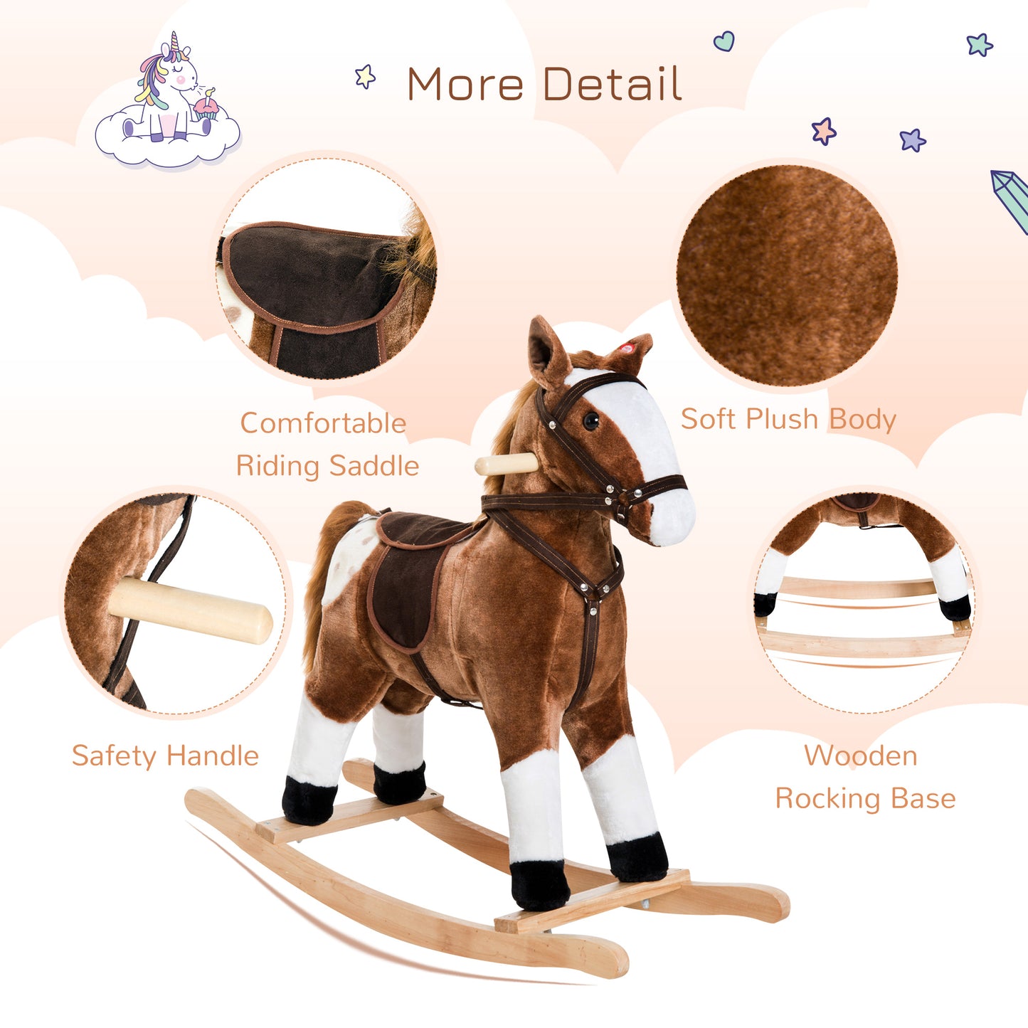 Kids Rocking Horse Plush Ride-On Toy Realistic Sounds Soft Brown Rocker Toddler Gift Kids Crystal