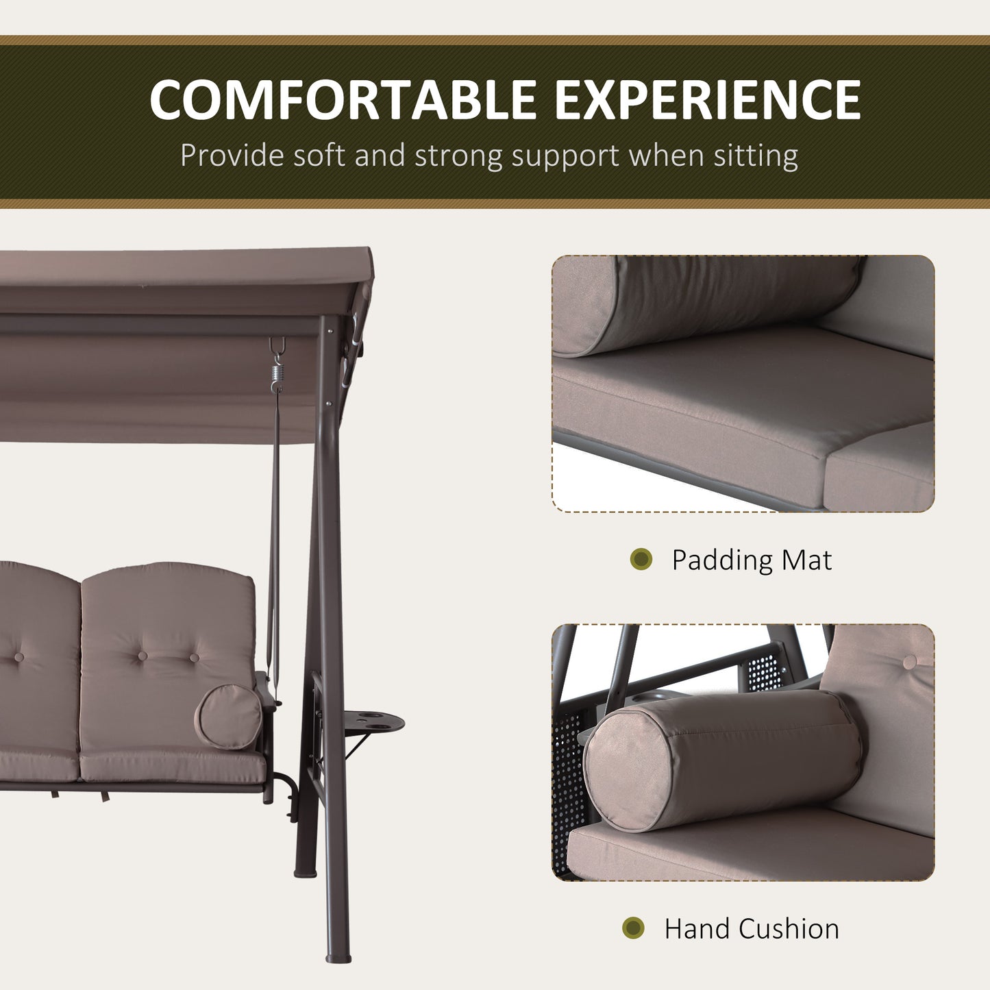 3-Person Porch Swing Chair Heavy Duty Outdoor Lounge Hammock with Cushioned Seat and Tilt Canopy Brown Kids Crystal