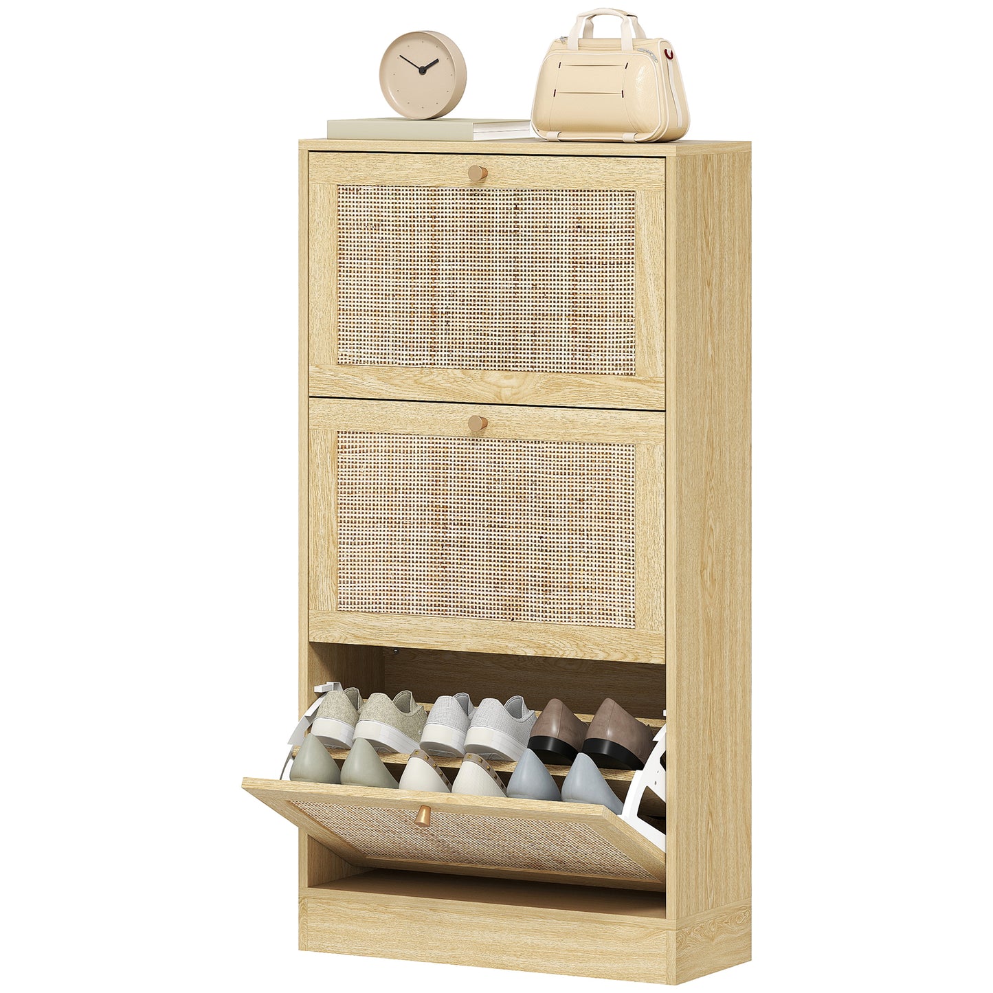 Rattan Shoe Storage Cabinet with 3 Flip Drawers and Adjustable Shelves, Entryway Shoe Cabinet for 18 Pairs, Oak Kids Crystal