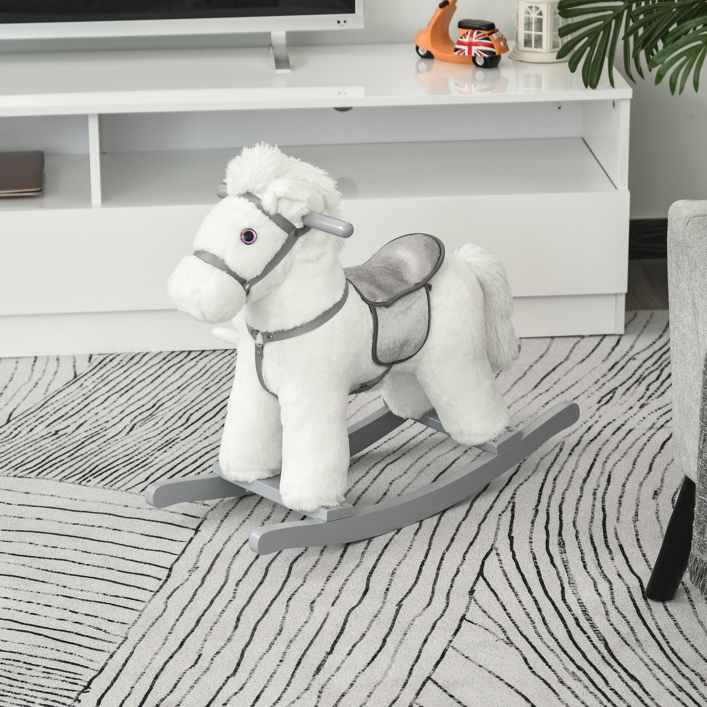 Kids White Plush Rocking Horse - Soft Bear Ride-On Toy with Fun Sounds, Comfortable Children's Chair Kids Crystal