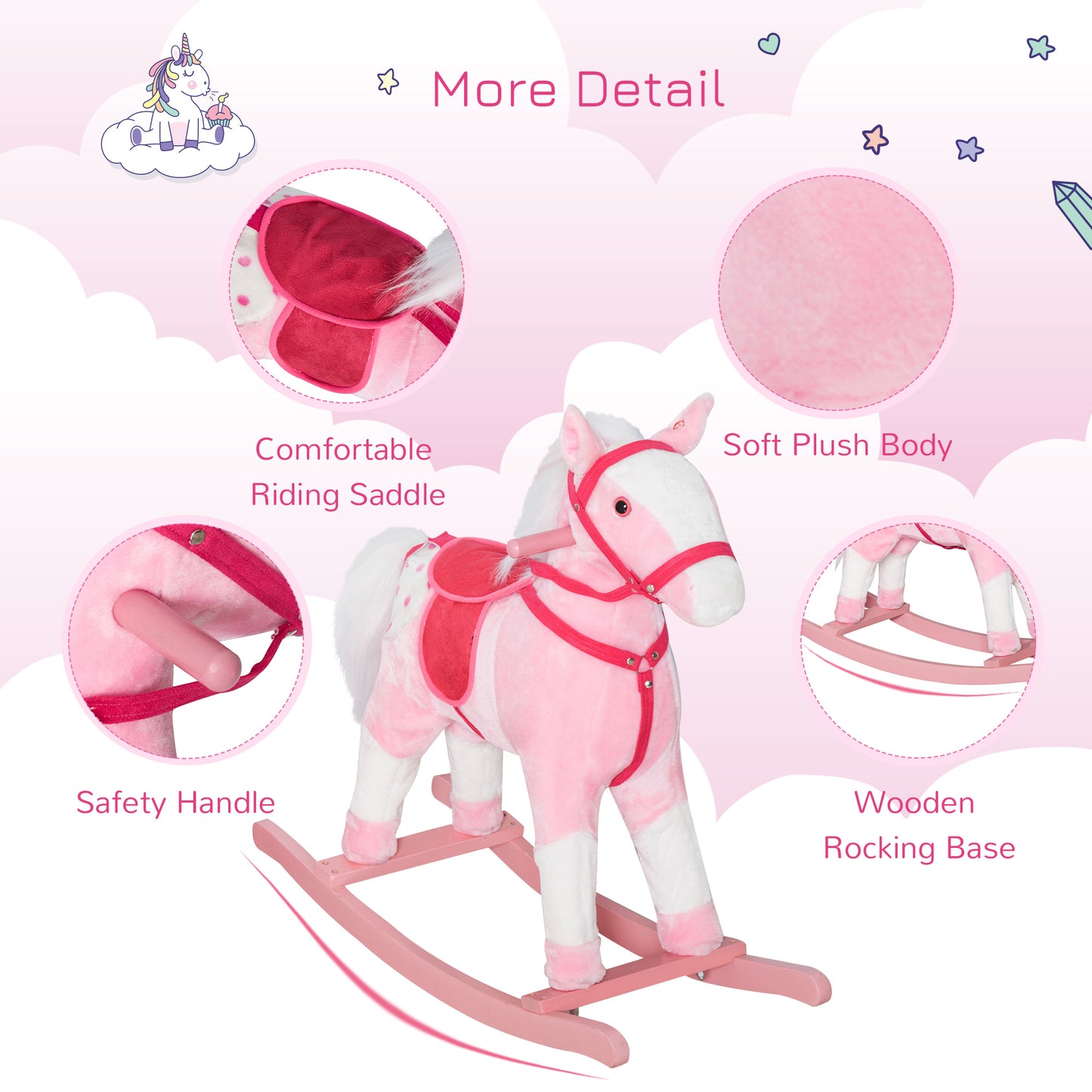 Rocking Plush Horse Poney Pony Children Kid Ride on Toy w/ Realistic Sound (Light Pink) Kids Crystal