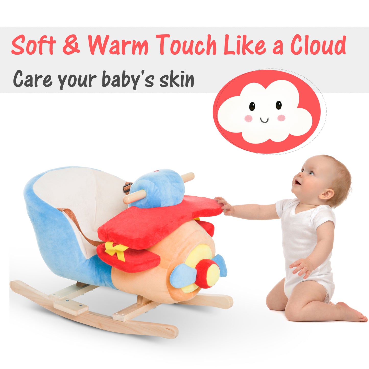 Kids Wooden Plush Ride-On Rocking Plane Chair Toy for Toddler Boy& Girl with Nursery Rhyme Kids Crystal