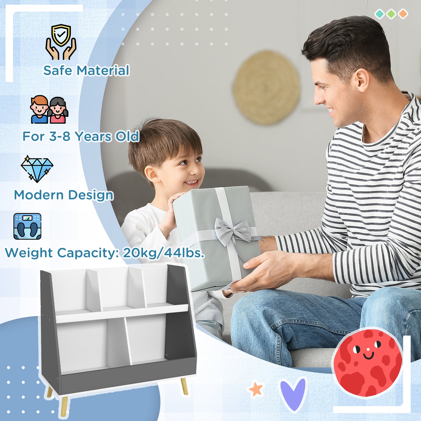 Toy Storage Organizer: 2 Tier with 5 Compartments, Safety Anti-tip for Nursery & Playroom - Grey Kids Crystal