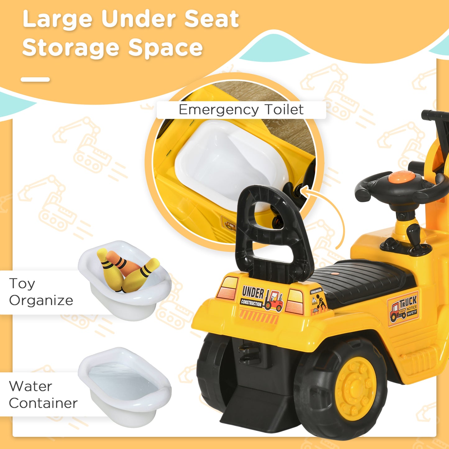 3 in 1 Ride On Toy Excavator Digger Scooter Pulling Cart Pretend Play Construction Truck Kids Crystal