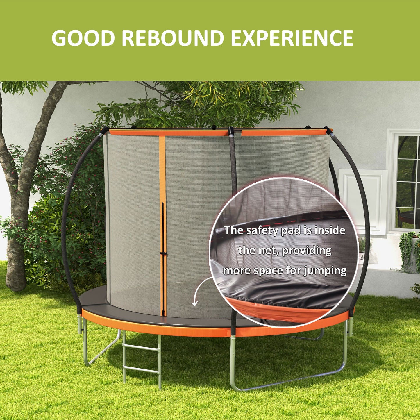 8ft Outdoor Trampoline with Enclosure Net and Ladder, Backyard Fitness Trampoline for Teens and Adults Kids Crystal