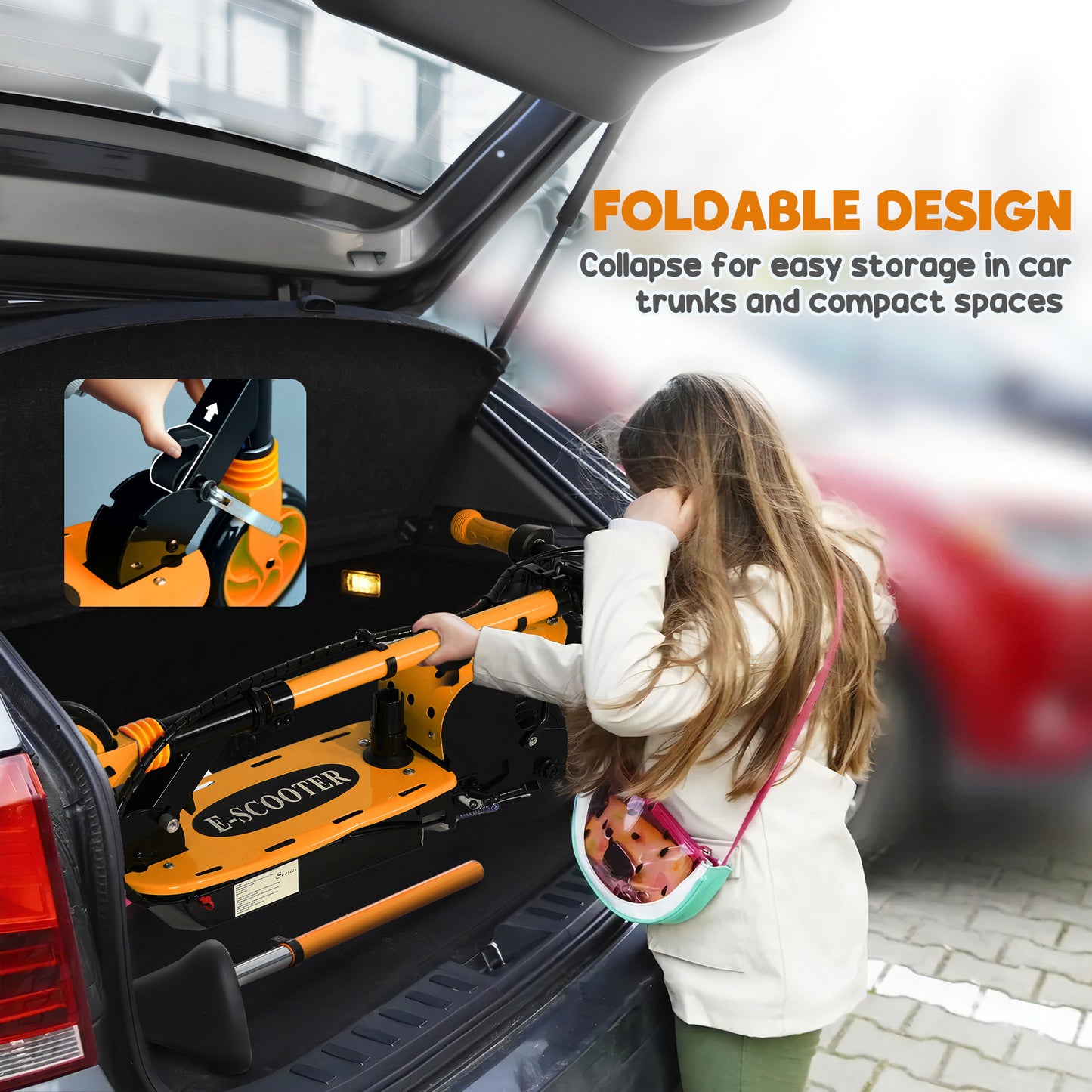 Foldable Electric Scooter for Kids Ages 6-14, with Seat and 2 Adjustable Heights, Max 6km Range & 12km/h, Orange Kids Crystal