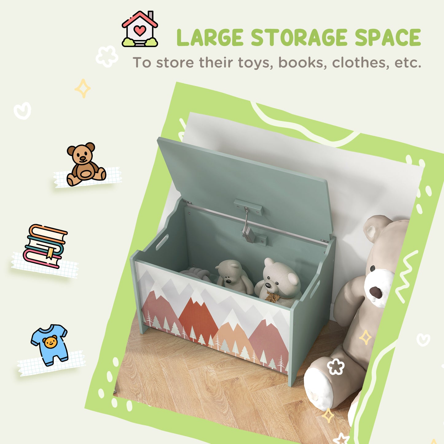 Toy Box with Lid Toy Chest Storage Organizer for Bedroom with Safety Hinge Green Kids Crystal