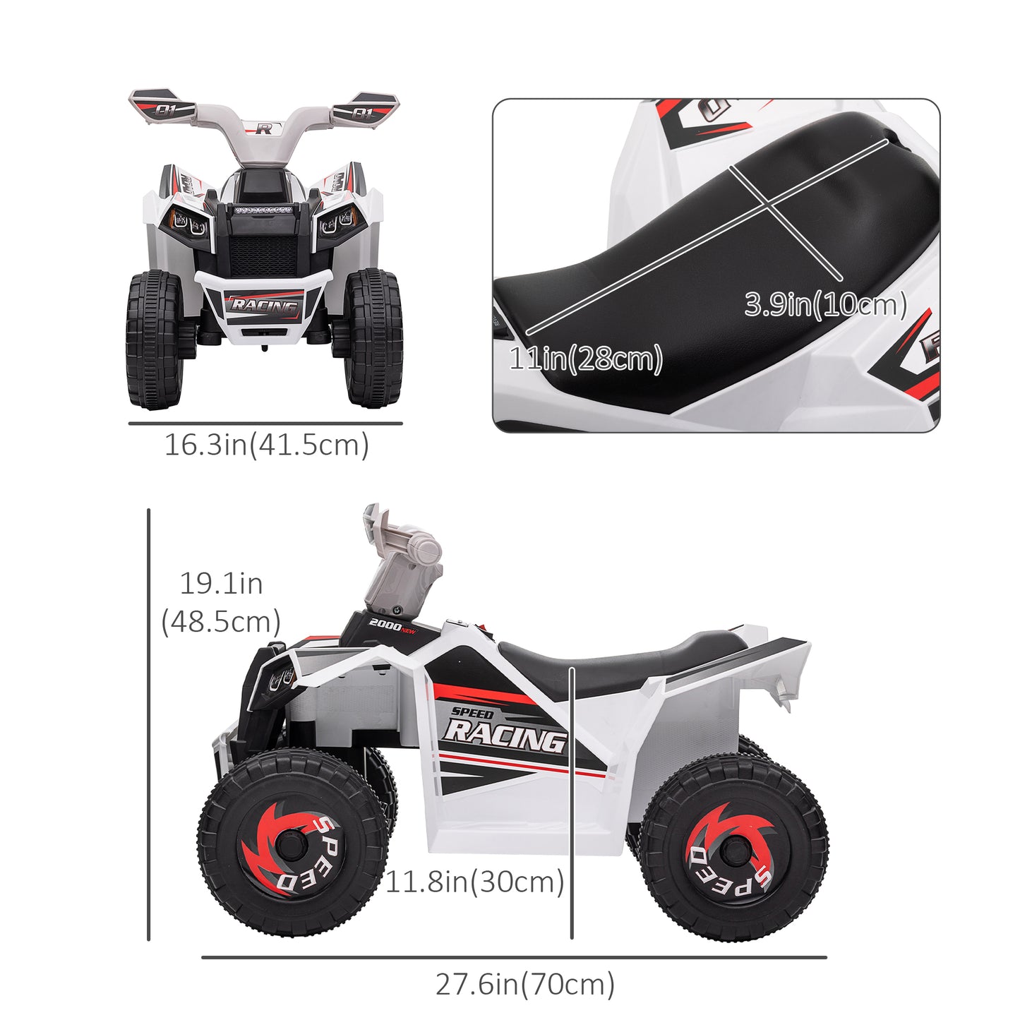 6V Quad Kids Electric Car with Wear-resistant Wheels, for Boys and Girls Aged 18-36 Months, White Kids Crystal