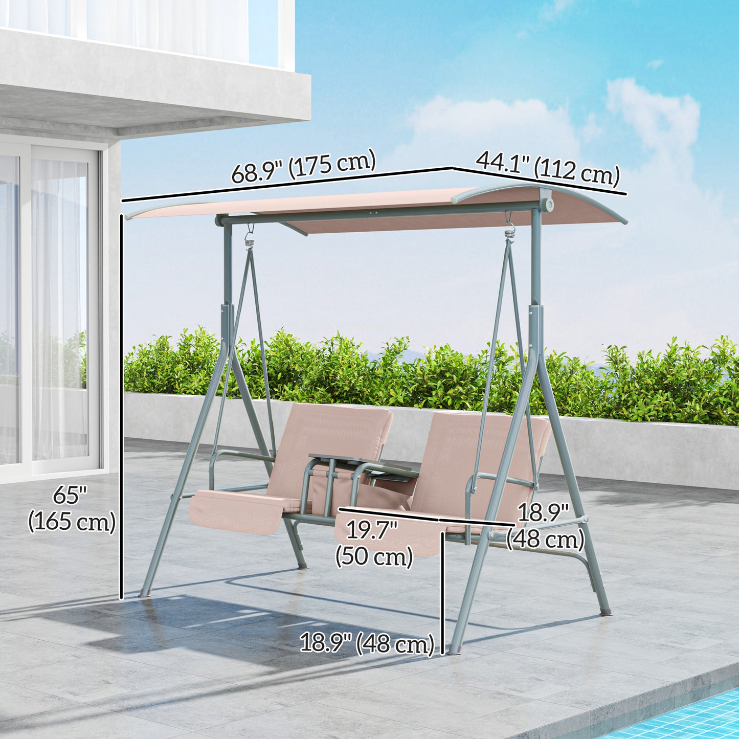 Double Outdoor Swing Chair 2 Person Covered Swing Porch Swing w/ Pivot Table and Storage Console, Beige