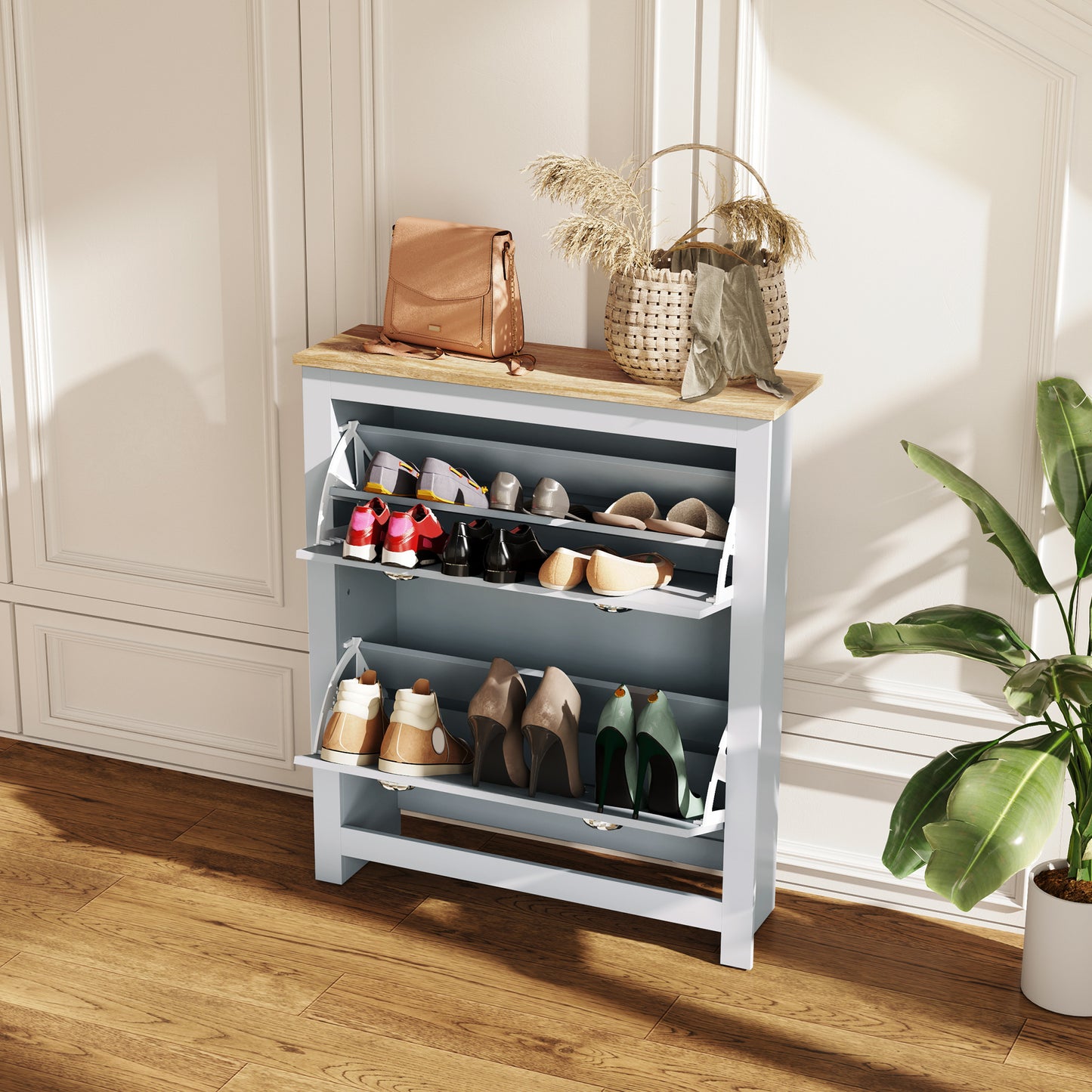 Entryway Shoe Cabinet with 2 Flip Drawers and Adjustable Shelves, 12 Pair Shoe Storage Organizer for Hallway, Grey Kids Crystal