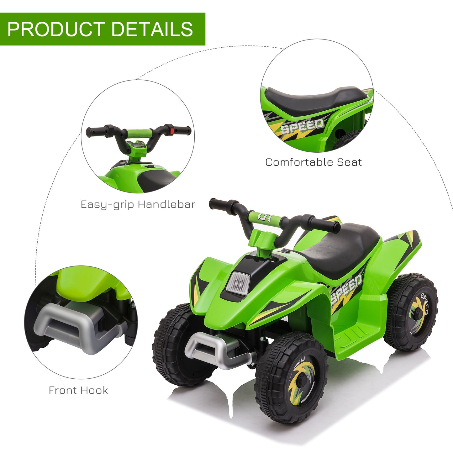Kids Ride on ATV, 6V Battery Powered Quad Car with Forward, Reverse Switch, for Boys Girls 18-36 Months, Green Kids Crystal