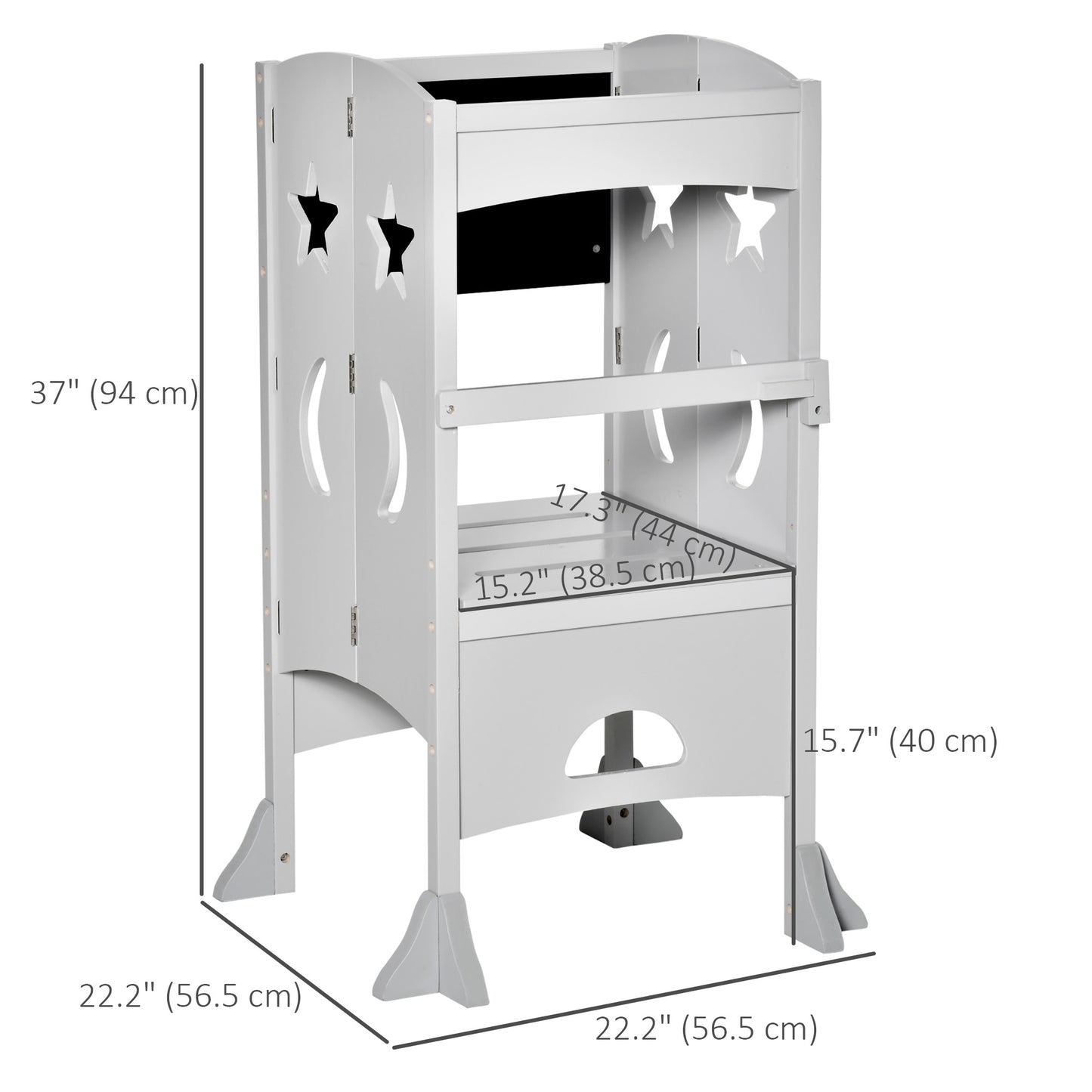Foldable Kids Kitchen Helper Stool with Blackboard & Lockable Handrail for Ages 3-6 in Grey