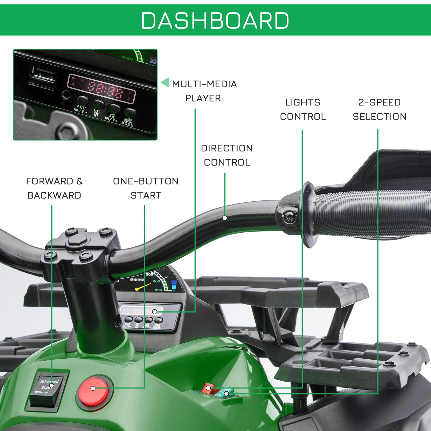 12V Kids 4-Wheeler ATV: MP3, Headlights, Battery Powered, Green Kids Crystal