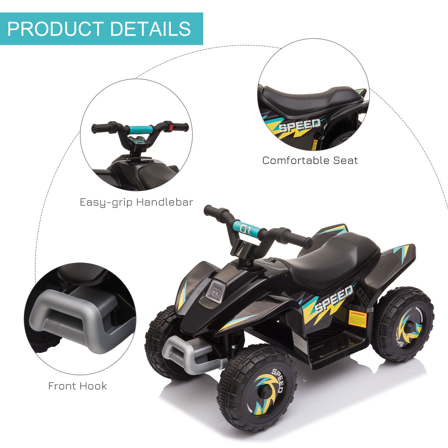 Kids Ride on ATV, 6V Battery Powered Quad Car with Forward, Reverse Switch, for Boys Girls 18-36 Months, Black Kids Crystal