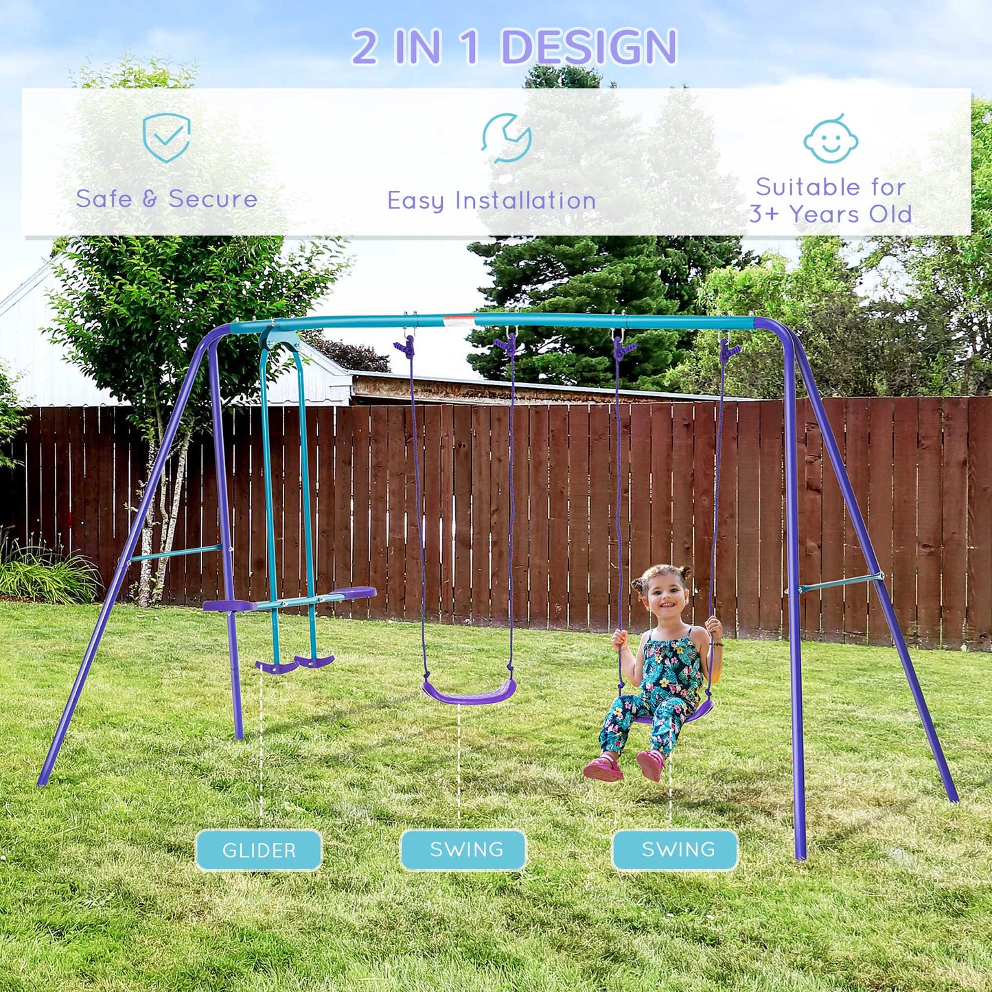Swing Set for Kids with Glider, 2 Swing Seats, Heavy Duty A-Frame Metal Stand Outdoor Playground Playset, Purple Kids Crystal