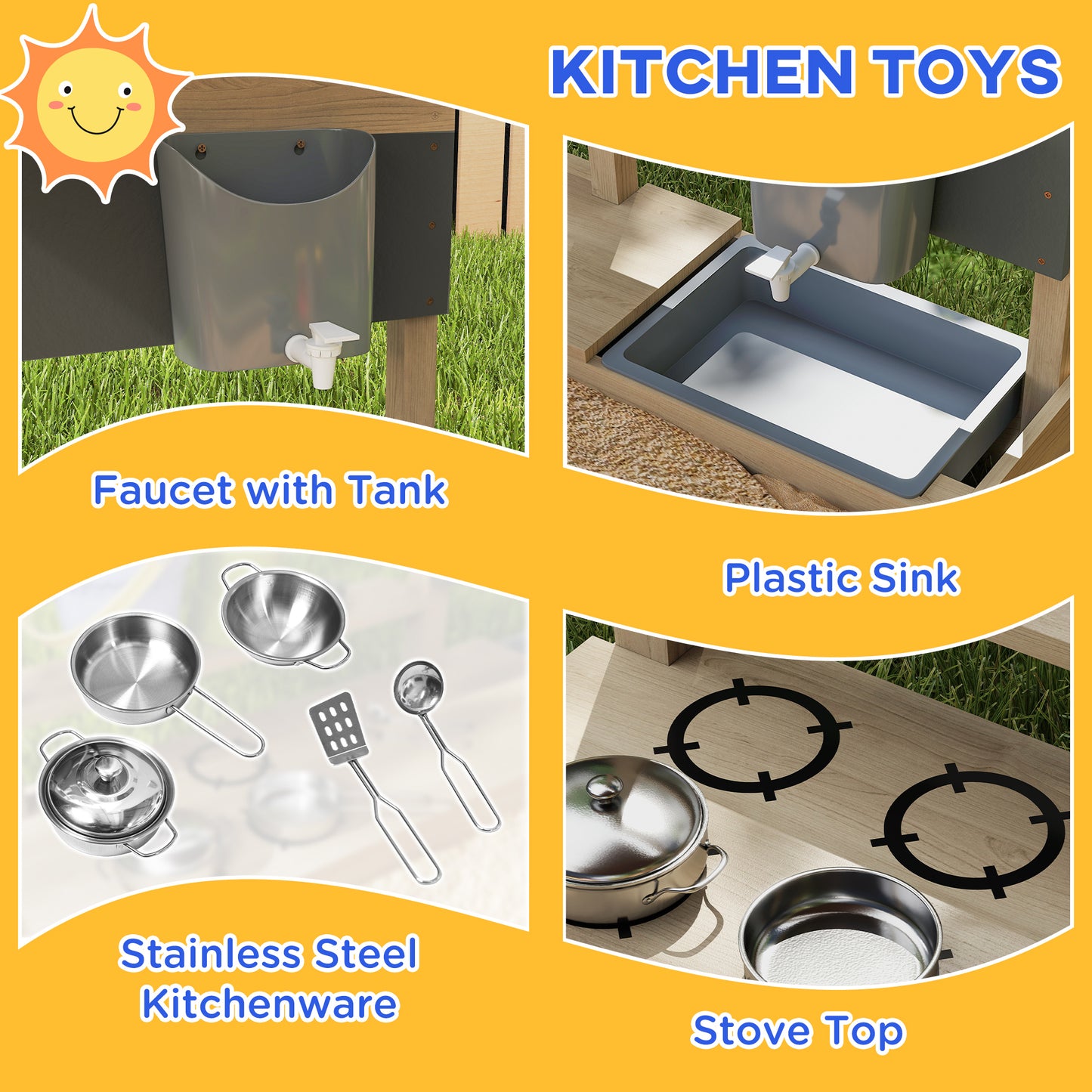 Kids Sandbox with Cover Kitchen Playset Toys, Wooden Sand Box with Seat, Storage, for 3-7 Years Old, Natural Wood Kids Crystal