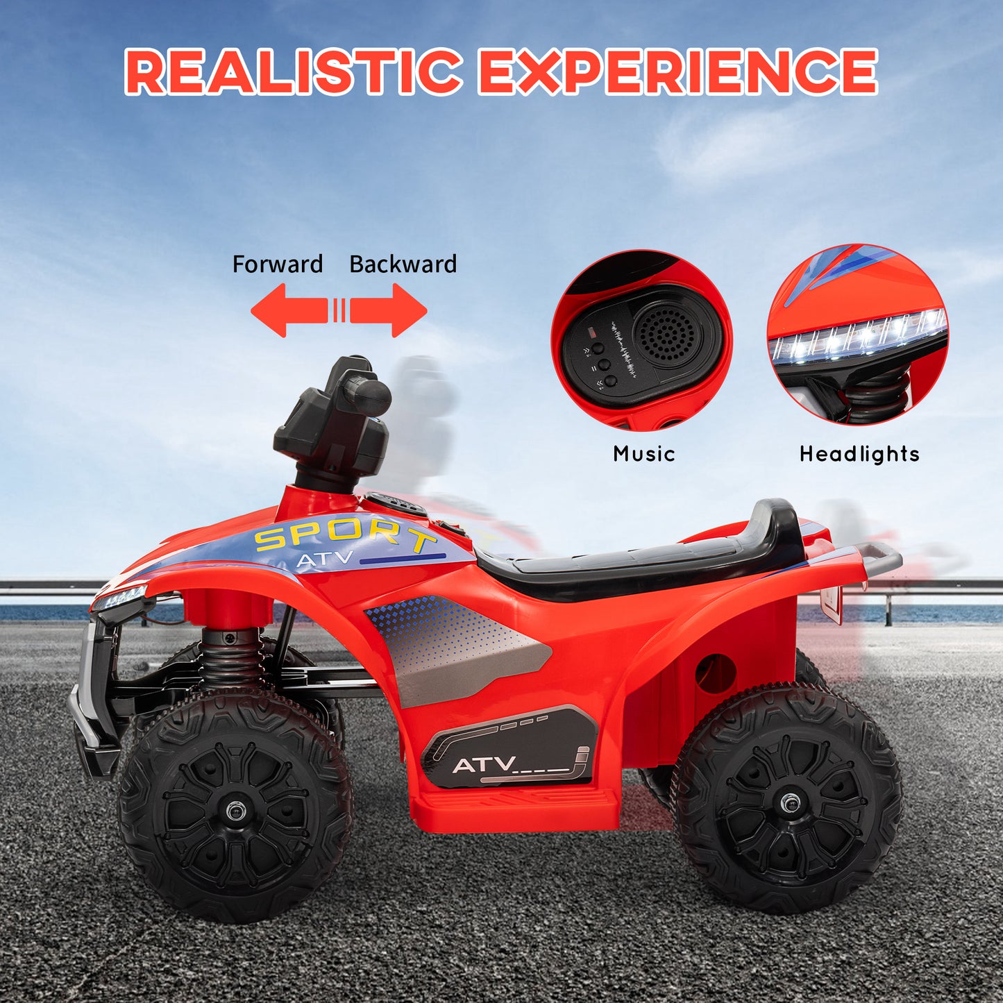 Kids ATV, 6V Battery Powered Electric Vehicle with Headlights, Forward/Reverse Switch for 18-36 Months, Red Kids Crystal