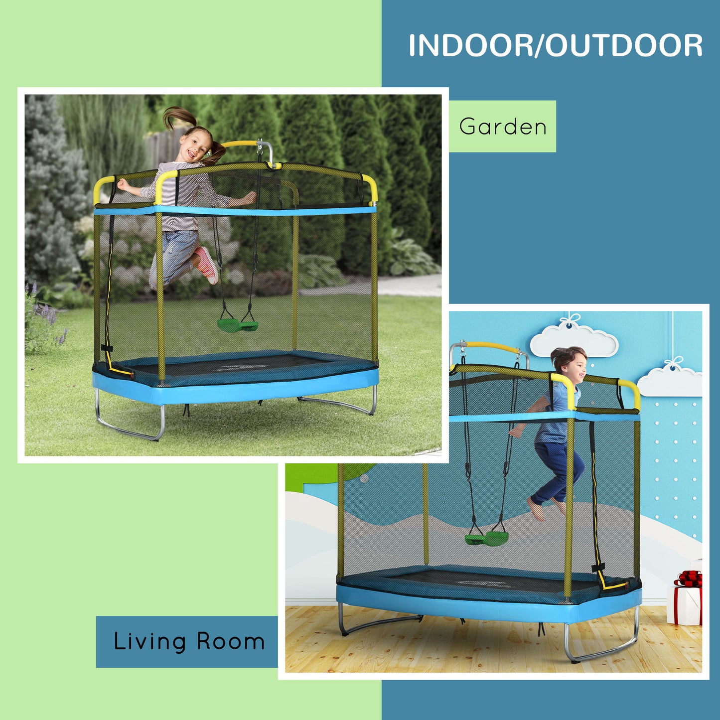 6.9FT Kids Trampoline with Safety Net, Gymnastics Bar, Swing, Toddler Trampoline for 3+ Years Old Indoor/Outdoor Kids Crystal
