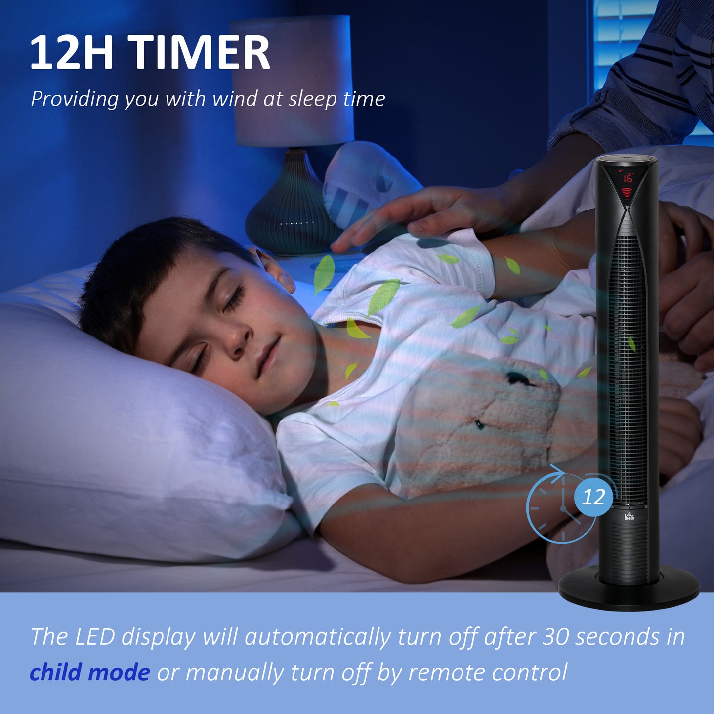 Tower Fan Oscillating 3 Speed 12h Timer LED Remote Control Cooling for Bedroom Home Black Kids Crystal