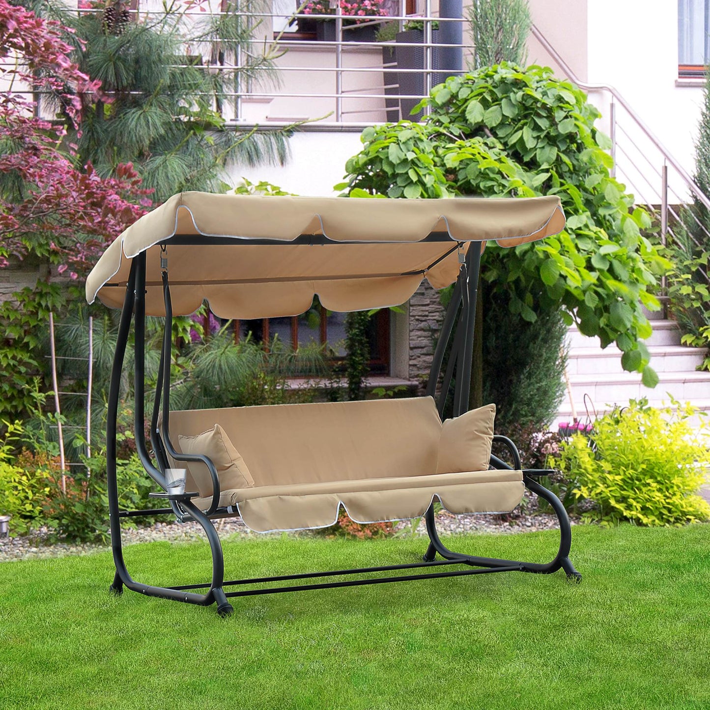 Heavy-duty Metal 3 Seater Outdoor Swing Chair Garden Hammock Bed with Canopy and 2 Pillows Beige Kids Crystal