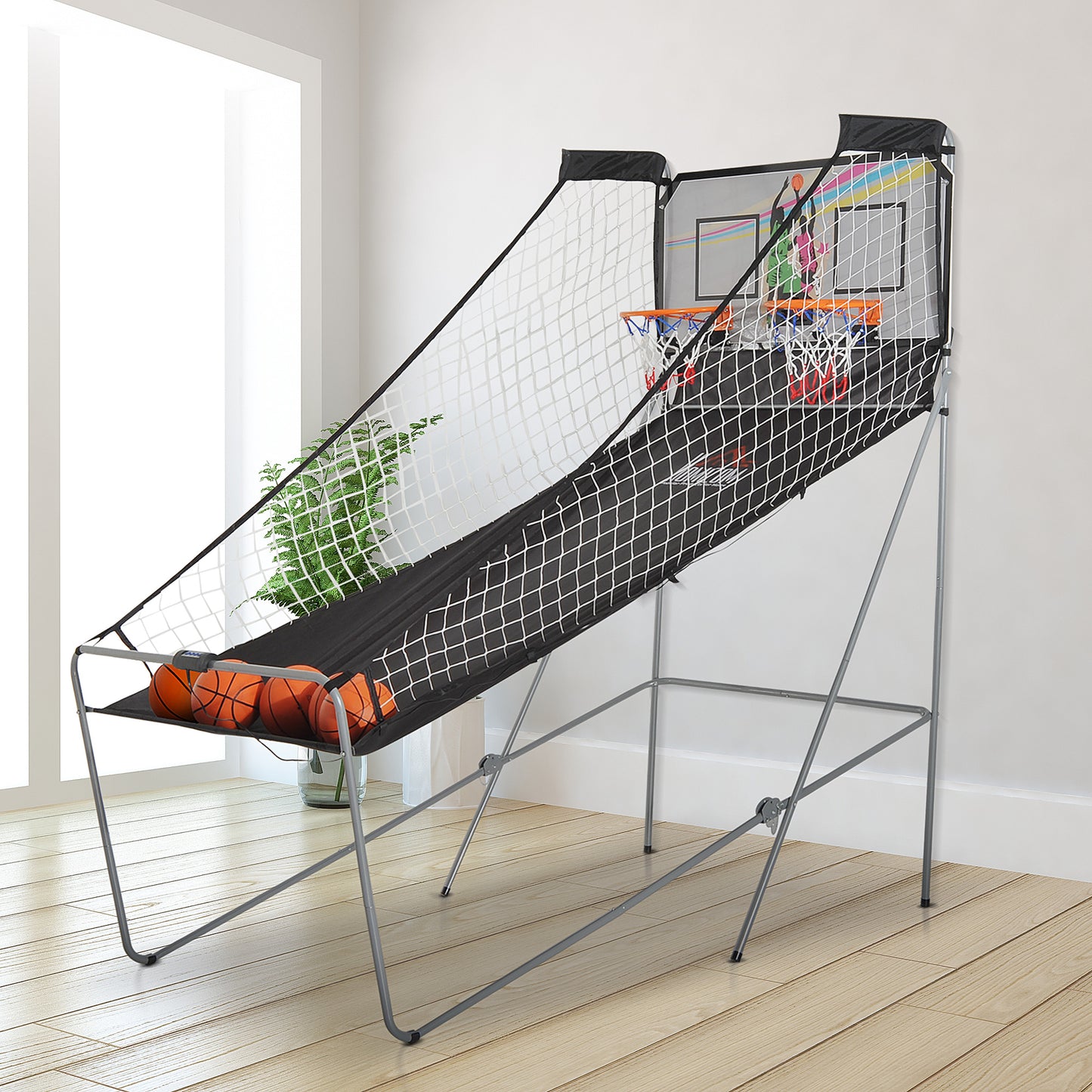 Arcade Style Double Shot Basketball Game Indoor Electronic Scoring System Foldable Design with 4 Balls Kids Crystal
