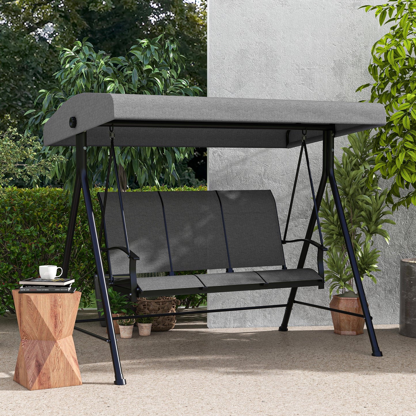 3 Seater Outdoor Swing Chair with Canopy, Metal Porch Swing Bench for Patio, Garden, Backyard, Lawn, Dark Grey Kids Crystal