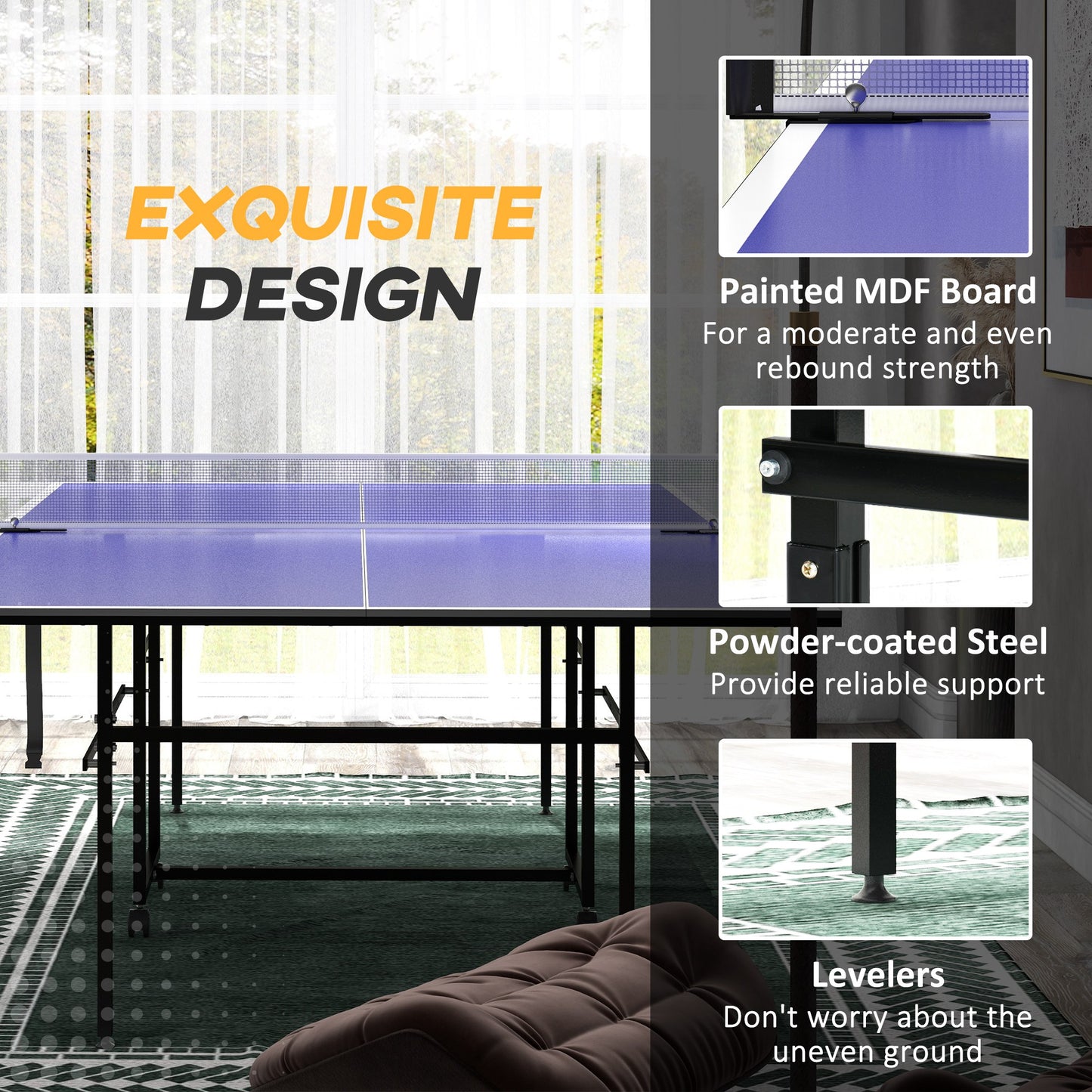 Full Size Table Tennis Table, Folding Ping Pong Table with Net, Paddles, Balls and Wheels, Blue Kids Crystal
