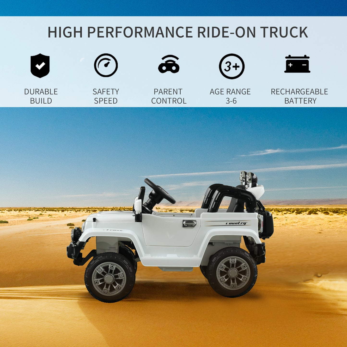 12V Kids Ride-On Truck: Remote Control, 2 Speeds, Lights, MP3, LCD Power Indicator, White Kids Crystal