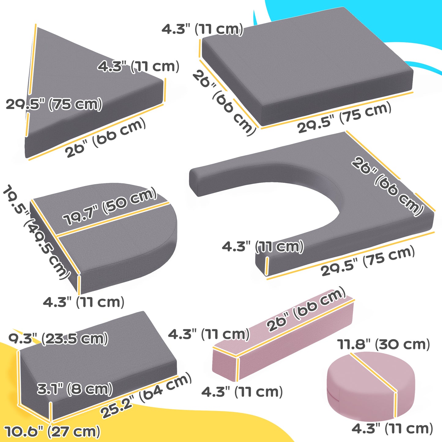 12-Piece Modular Kids Play Couch Building Fort for Playroom Bedroom, Convertible Kids Sofa, Grey Kids Crystal