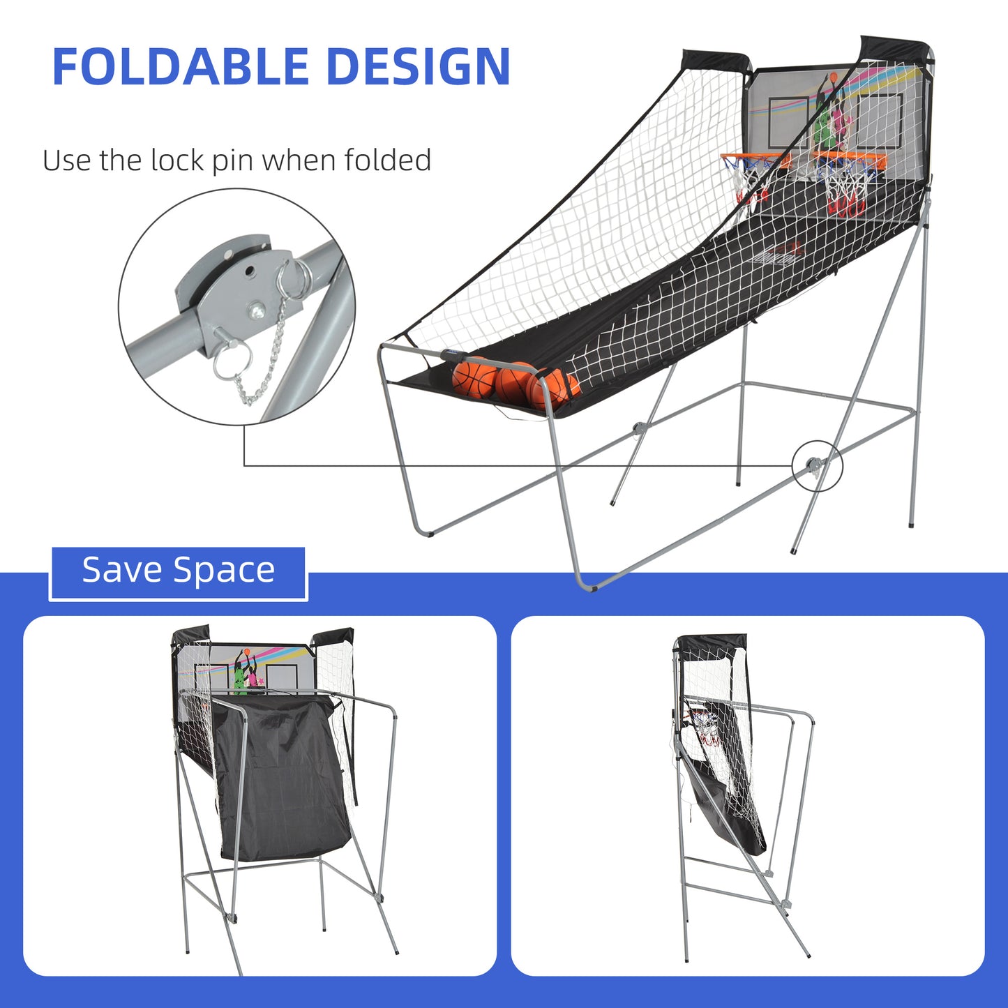 Arcade Style Double Shot Basketball Game Indoor Electronic Scoring System Foldable Design with 4 Balls Kids Crystal